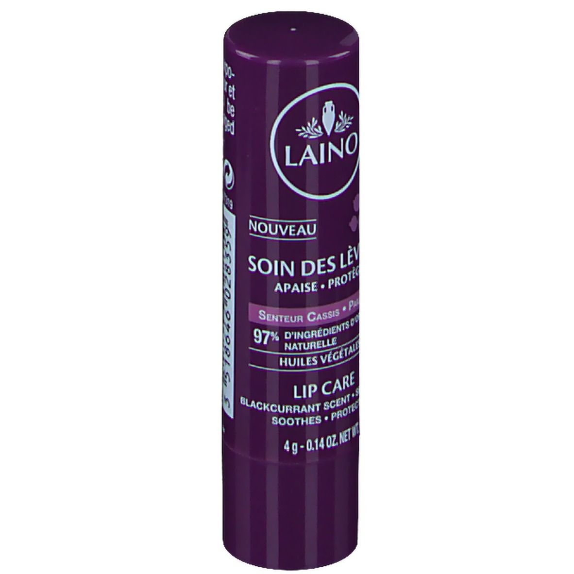 Lippenpflegestift, violett. Mit weißem Logo und Text: LAINO, SOIN DES LÈVRES, Cassis. 4g.