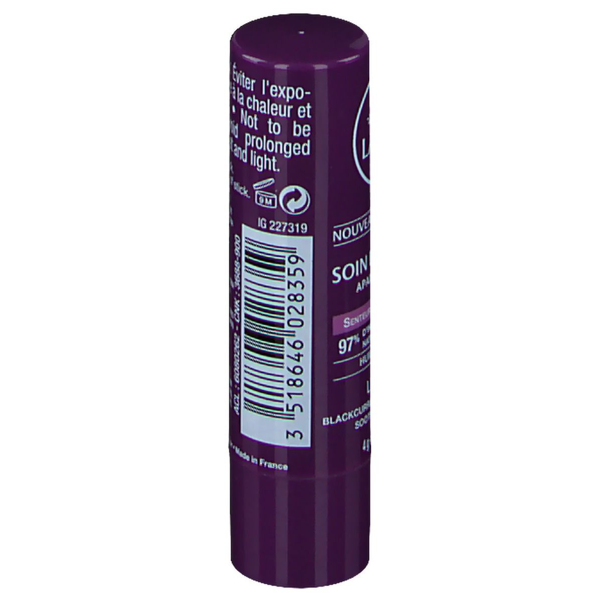 Lippenpflegestift, violett. Rückseite mit Text und Inhaltsstoffen. Marke LAINO.