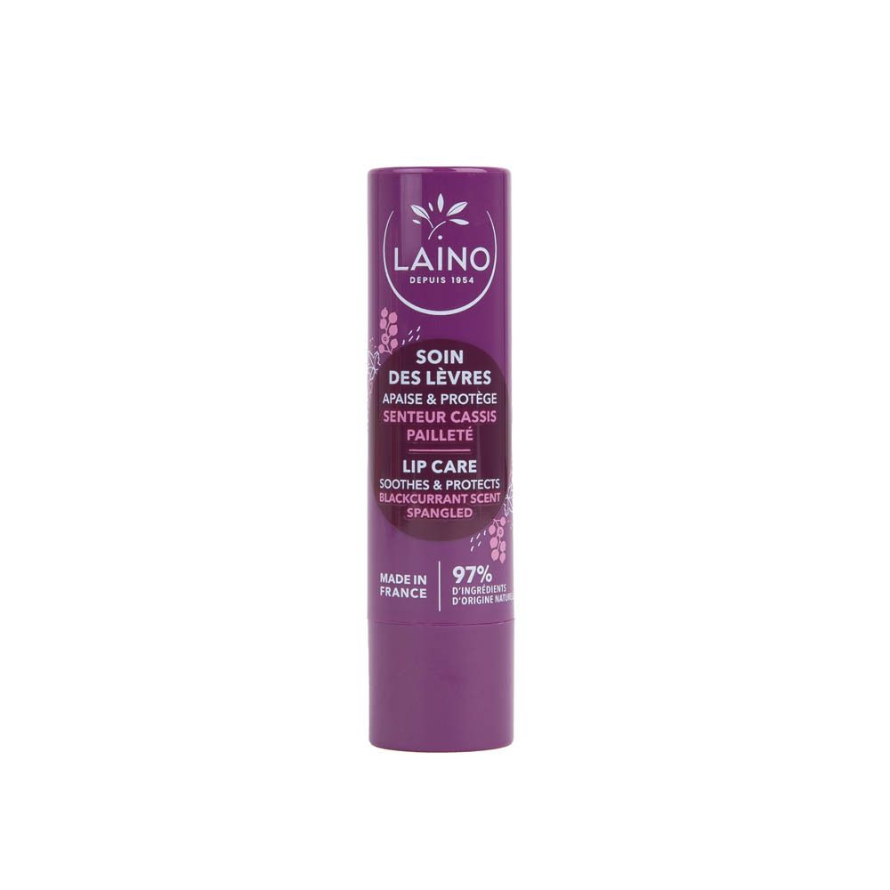 Stick de soin des lèvres violet. Logo blanc et texte: LAINO, SOIN DES LÈVRES, Cassis. 4g.