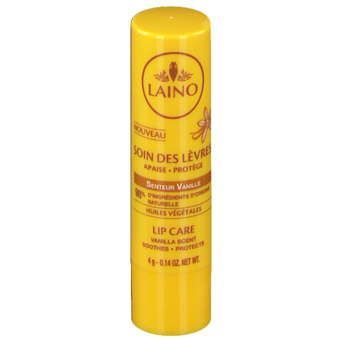 Gelber Lippenpflegestift mit Aufschrift LAINO, SOIN DES LÈVRES, Senteur Vanille. 4g. 98% natürliche Inhaltsstoffe. Lip Care.