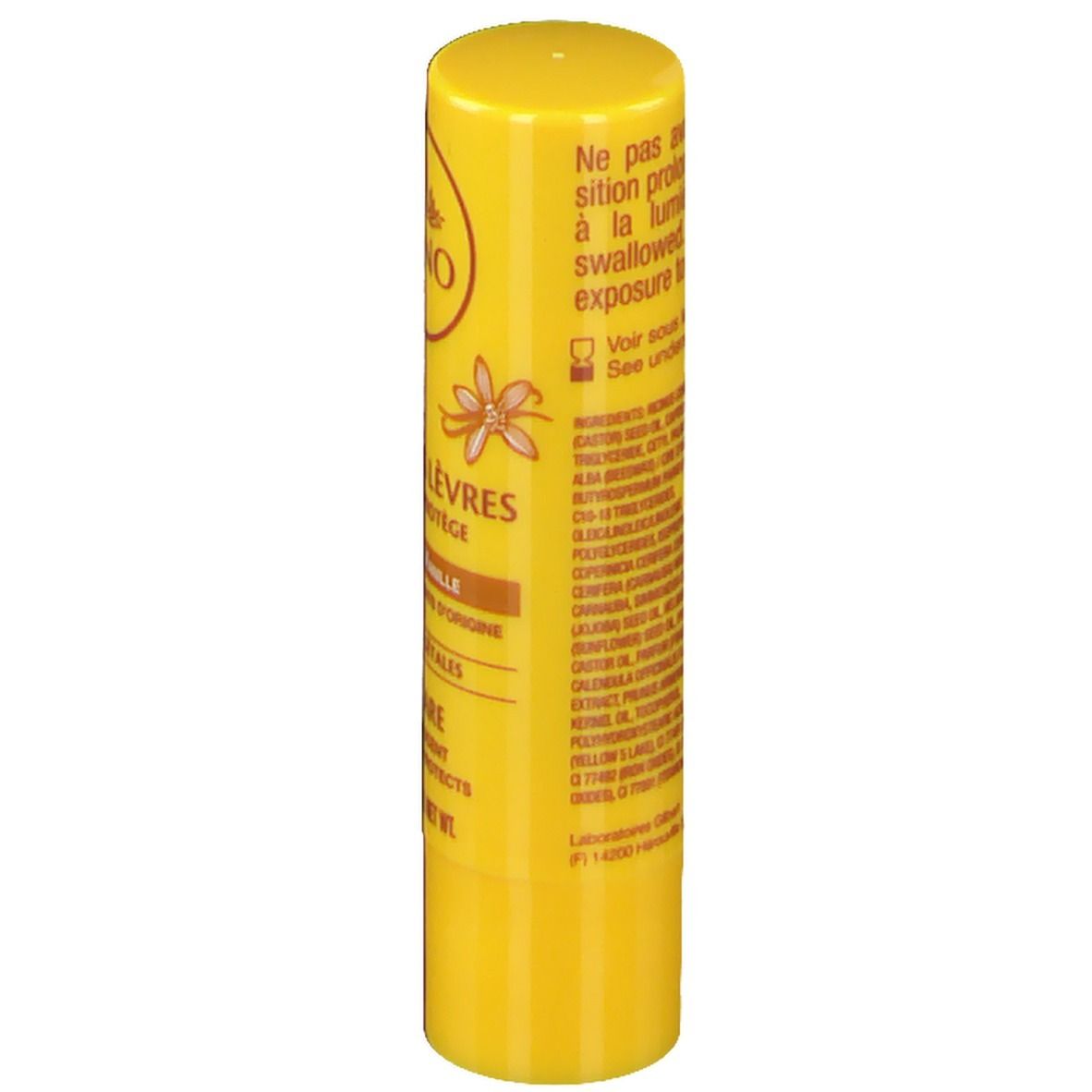 Gelber Lippenpflegestift mit Aufschrift LAINO, SOIN DES LÈVRES, Senteur Vanille. Rückseite mit Inhaltsstoffen und Warnhinweisen.