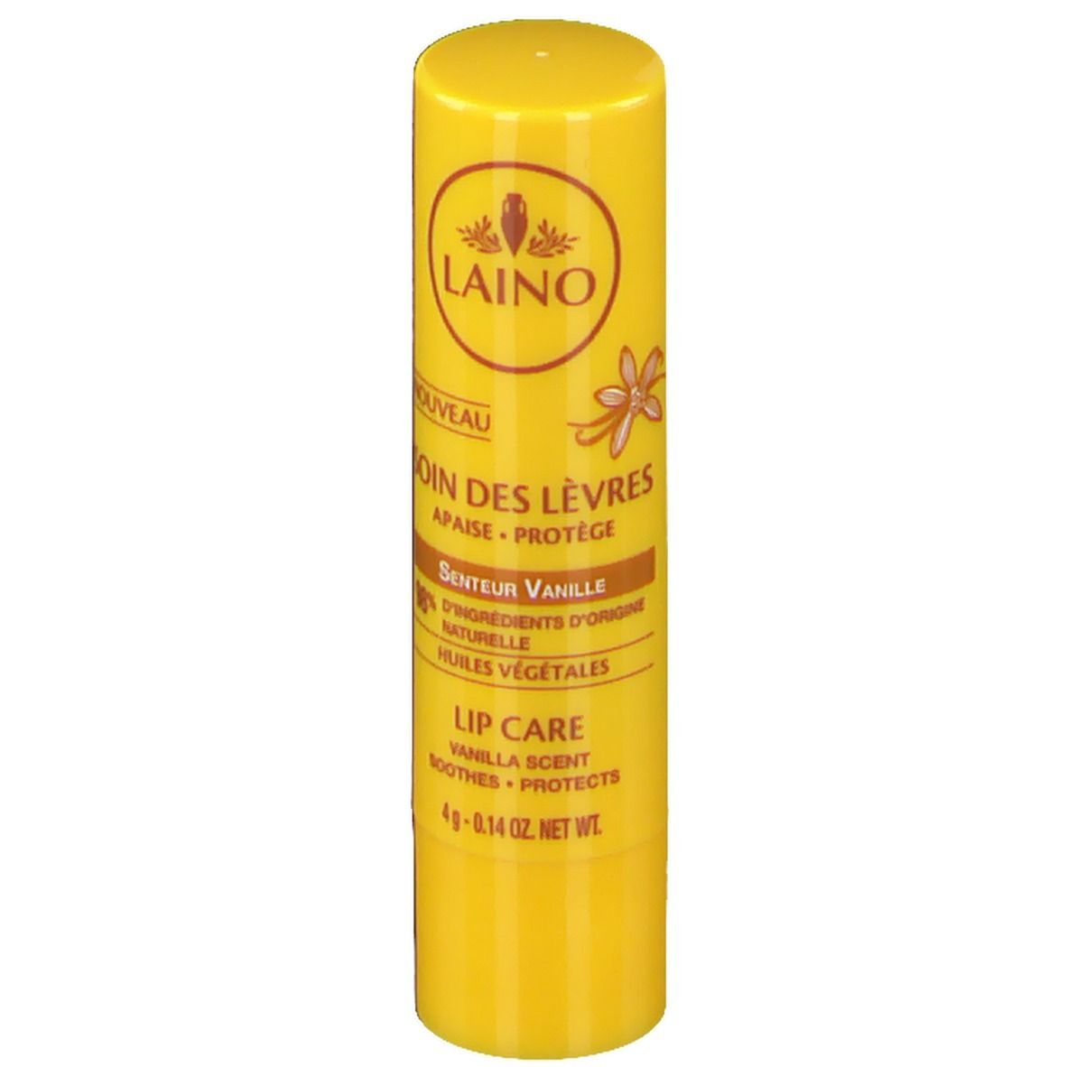 Gelber Lippenpflegestift mit Aufschrift LAINO, SOIN DES LÈVRES, Senteur Vanille. 4g. 98% natürliche Inhaltsstoffe. Lip Care.