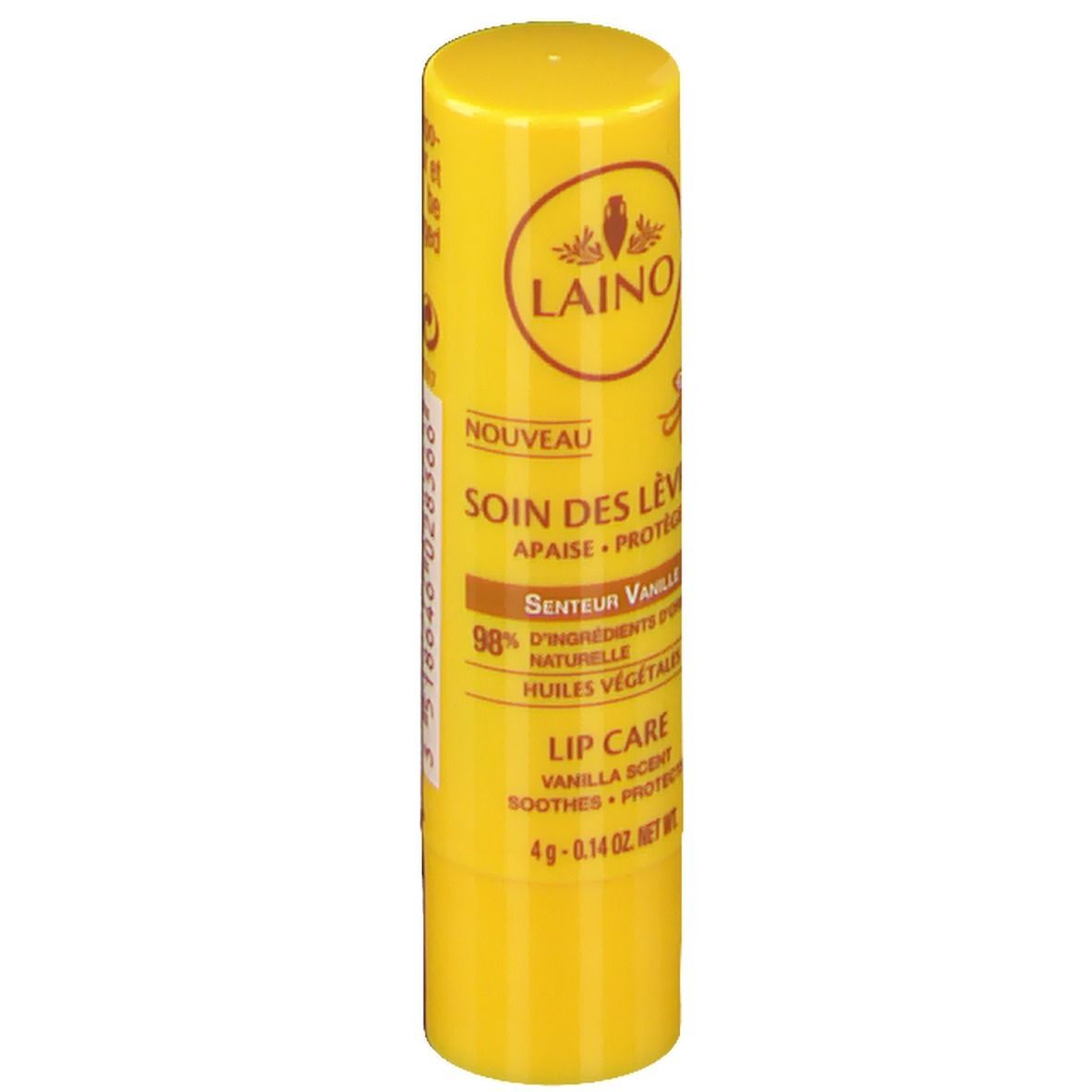 Gelber Lippenpflegestift mit Aufschrift LAINO, SOIN DES LÈVRES, Senteur Vanille. 4g. 98% natürliche Inhaltsstoffe. Lip Care.