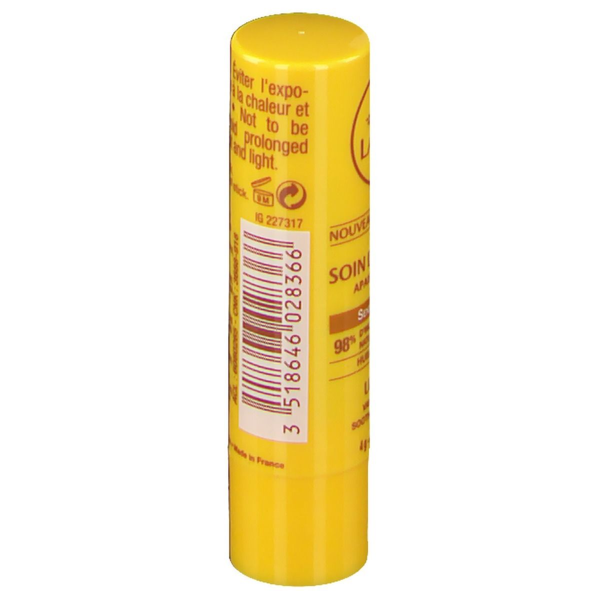 Gelber Lippenpflegestift mit Barcode und Warnhinweisen. Rückseite mit Inhaltsstoffen und Herstellerinformationen.