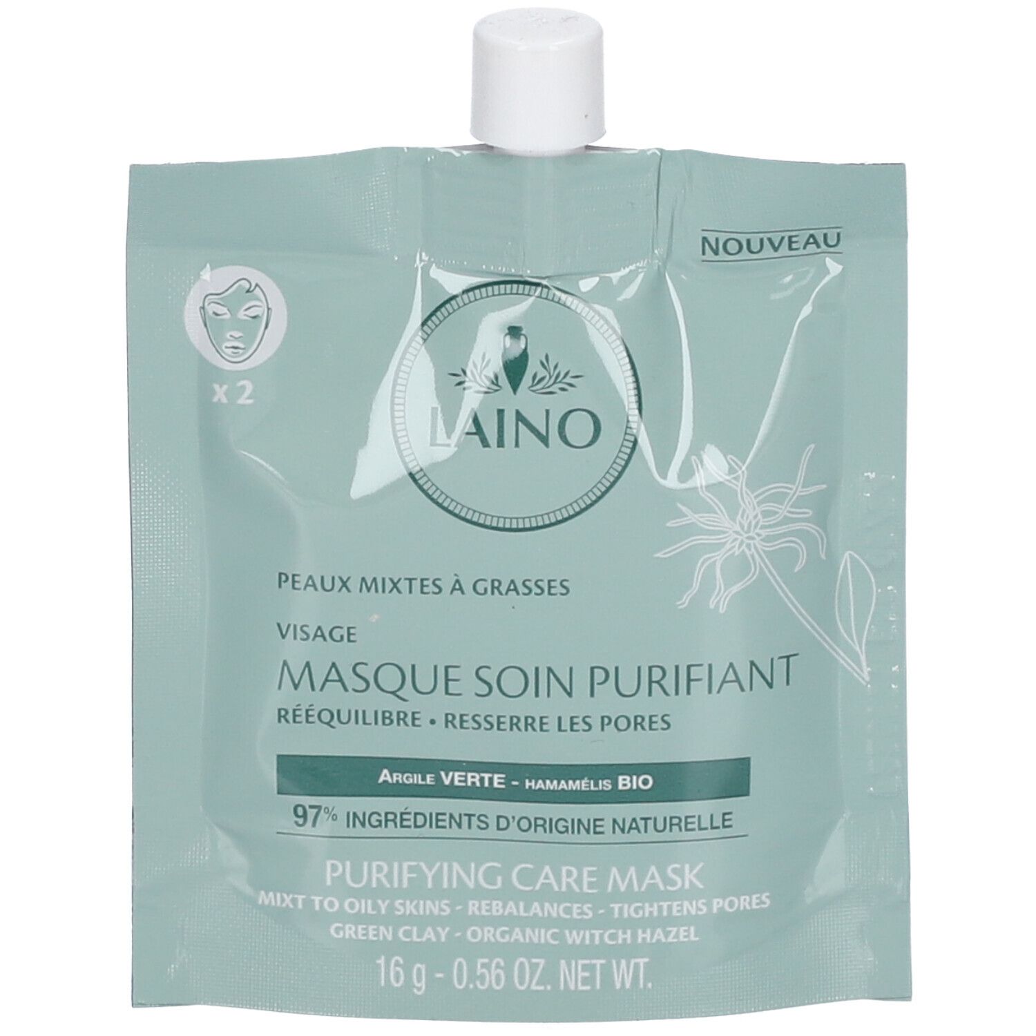 Lichtgroene gezichtsmaskerverpakking met witte dop. Tekst: LAINO, reinigend masker, voor de gemengde huid. 97% ingrediënten van natuurlijke oorsprong.