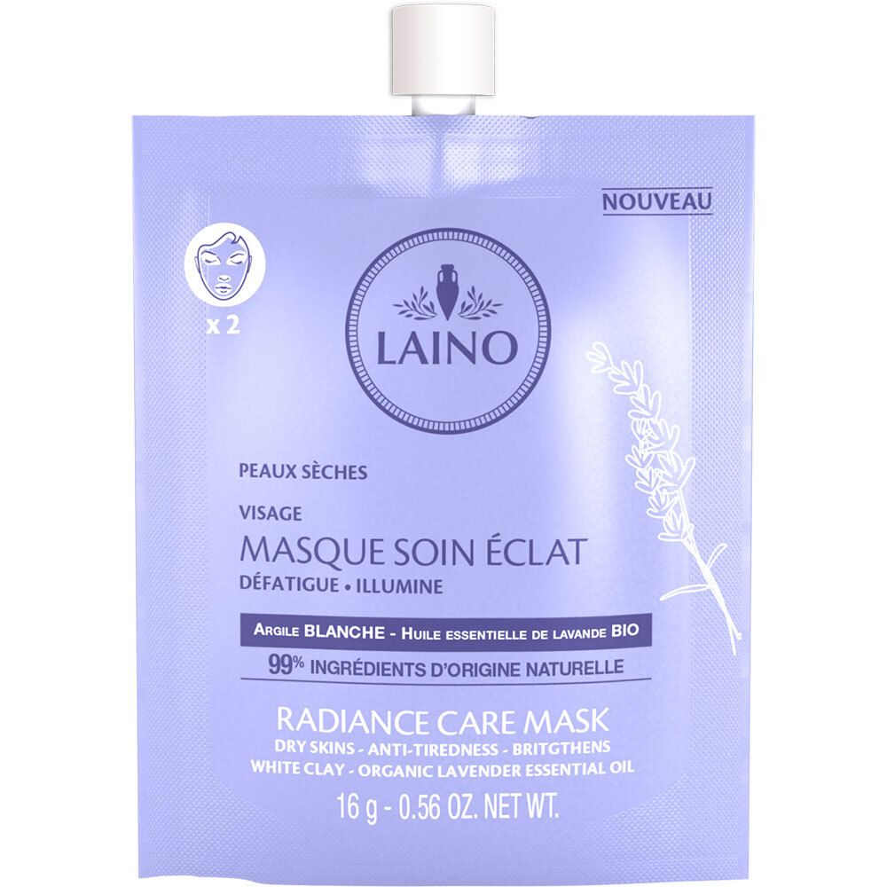 Sachet de masque facial violet. Inscriptions: "LAINO", "MASQUE SOIN ÉCLAT", ingrédients et logo.
