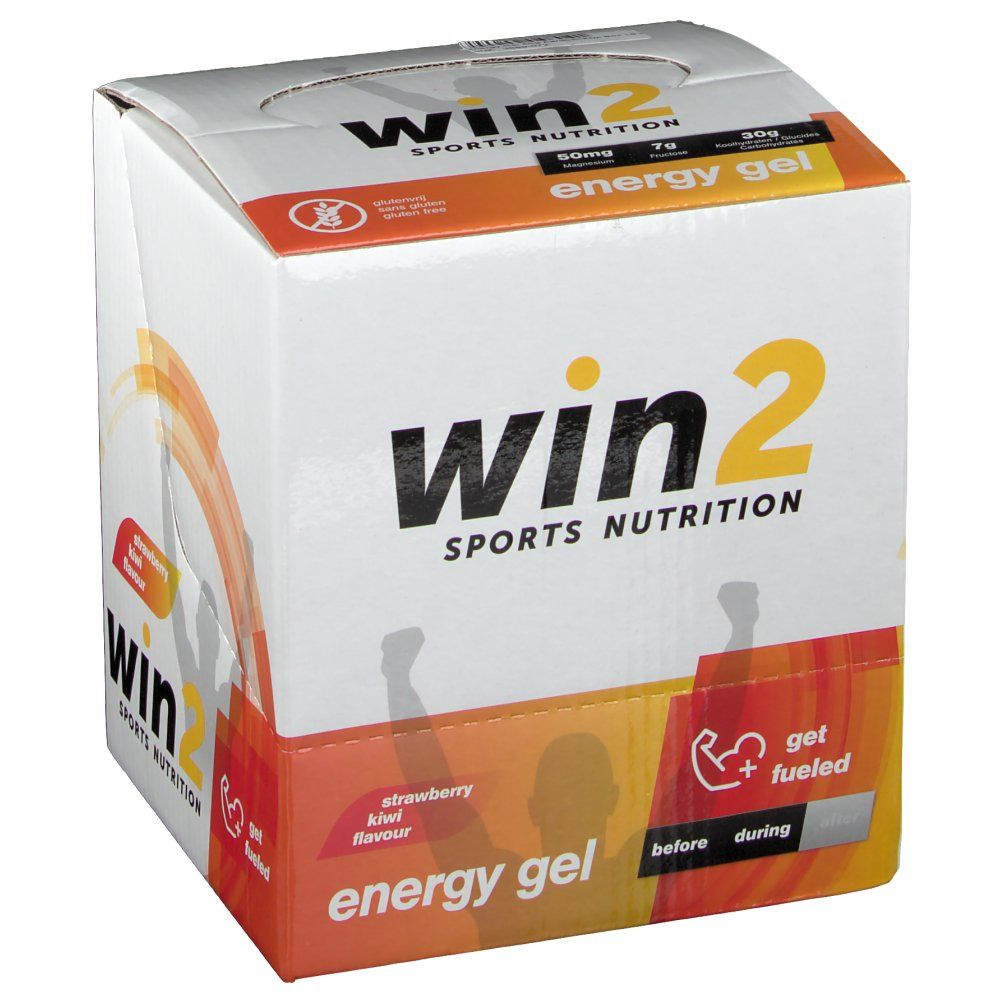 Verpakking van Win2 Energygel. Witte doos met oranje accenten. Opschrift: Win2, Energygel, aardbei-kiwi smaak.