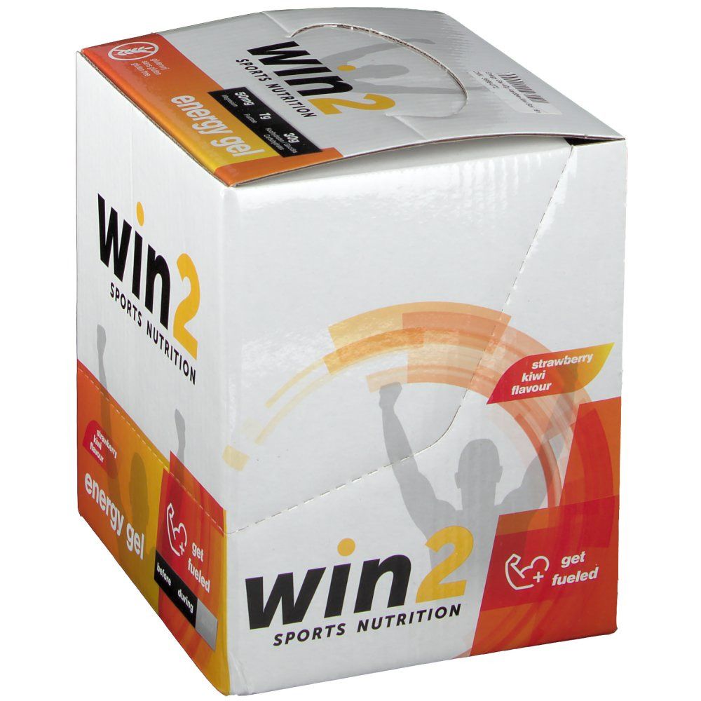 Win2 Energygel verpakking. Witte doos met oranje details. Opschrift: Win2, Energygel, aardbei-kiwi smaak.