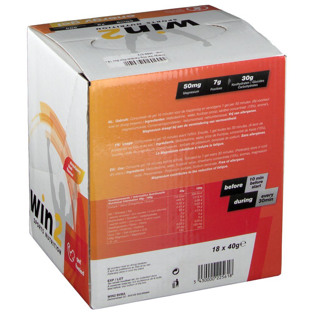 Win2 Energygel verpakking. Witte doos met tekst en voedingswaarde. Opschrift: Win2, aardbei-kiwi smaak.