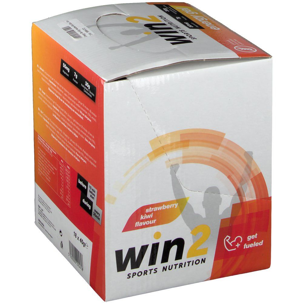 Win2 Energygel verpakking. Witte doos met tekst en voedingswaarde. Opschrift: Win2, aardbei-kiwi smaak.