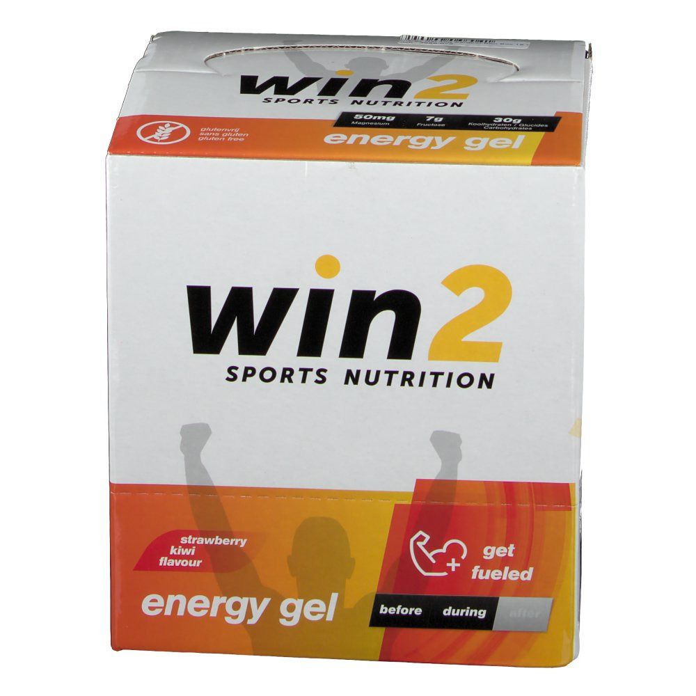 Win2 Energygel verpakking. Witte doos met oranje accenten. Opschrift: Win2, Energygel, aardbei-kiwi smaak.