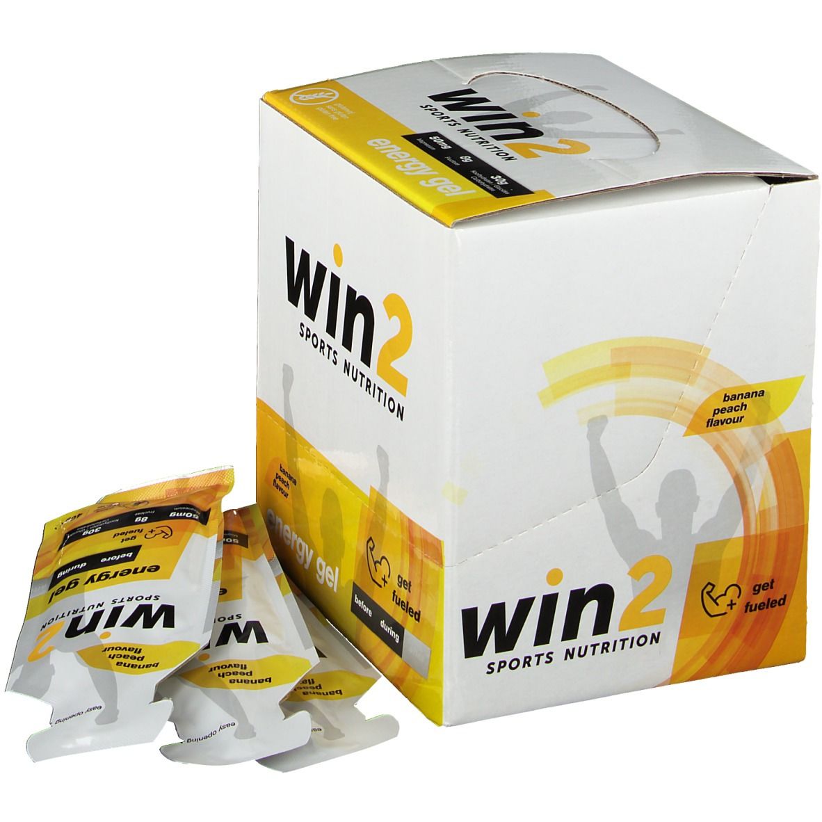 Win2 Sports Nutrition Energy Gel. Boîte avec sachets de gel. Inscription: Banane-Pêche. Sachets de gel devant la boîte.