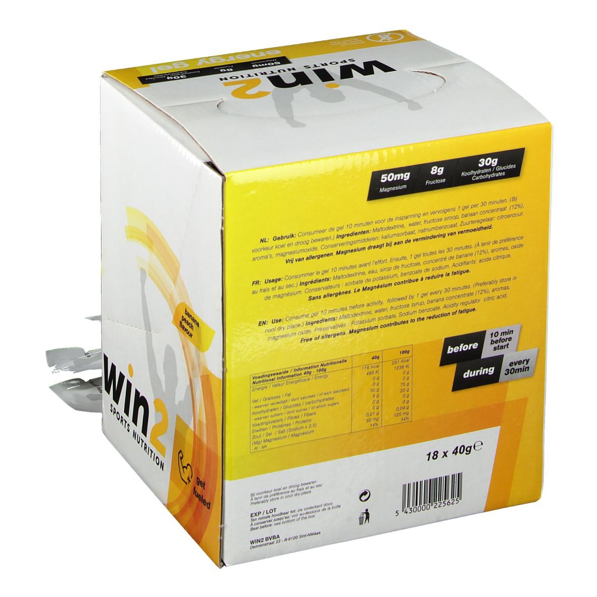 Win2 Sports Nutrition Energy Gel. Boîte avec sachets de gel. Inscription: Banane-Pêche. Dos avec informations nutritionnelles et mode d'emploi.
