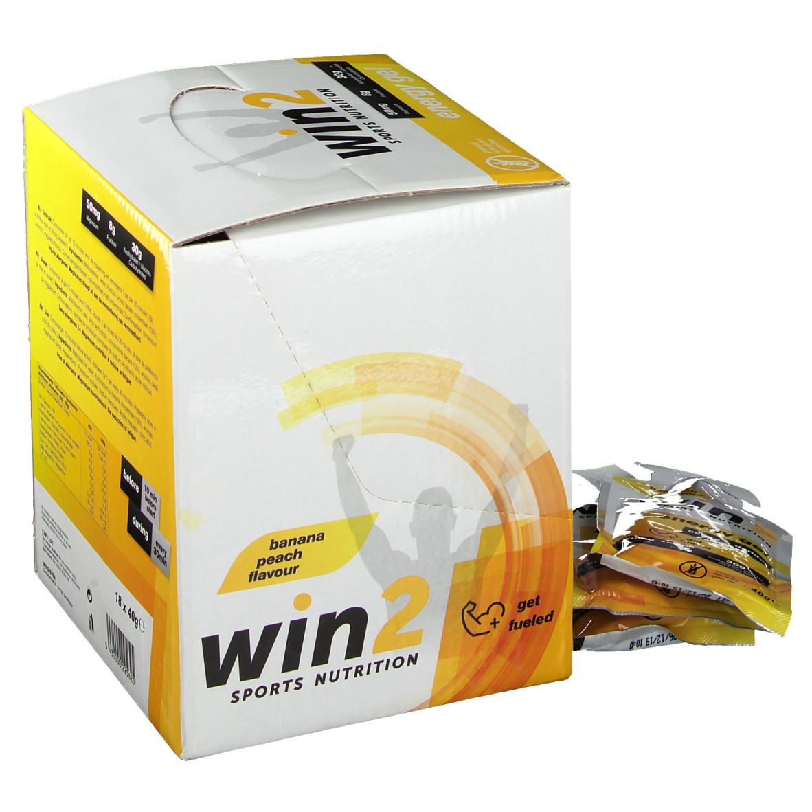 Win2 Sports Nutrition Energy Gel. Boîte avec sachets de gel. Inscription: Banane-Pêche. Sachets de gel devant la boîte.