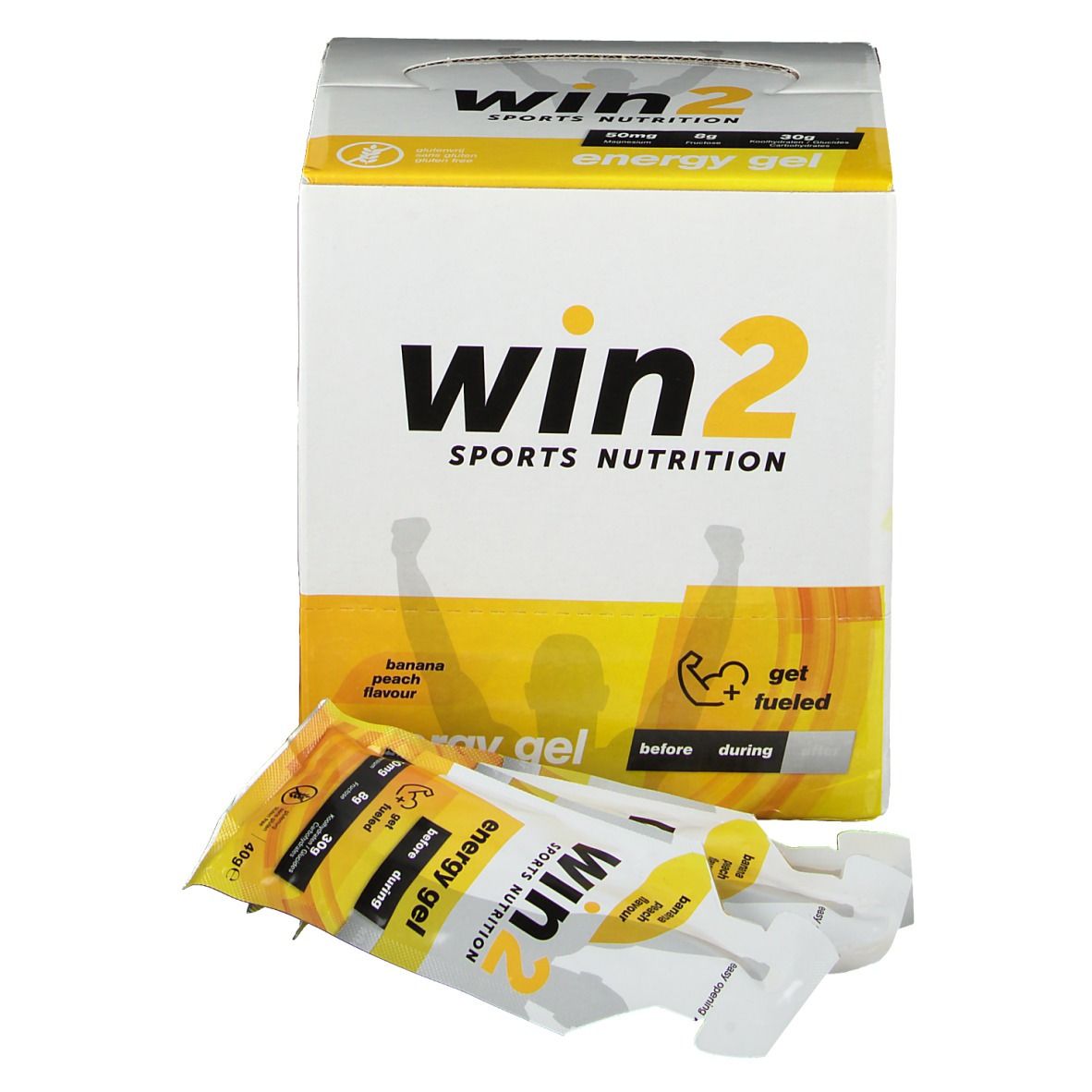 Win2 Sports Nutrition Energy Gel. Boîte avec sachets de gel. Inscription: Banane-Pêche. Sachets de gel devant la boîte.
