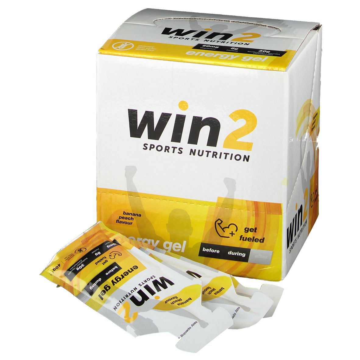 Win2 Sports Nutrition Energy Gel. Boîte avec sachets de gel. Inscription: Banane-Pêche. Sachets de gel devant la boîte.