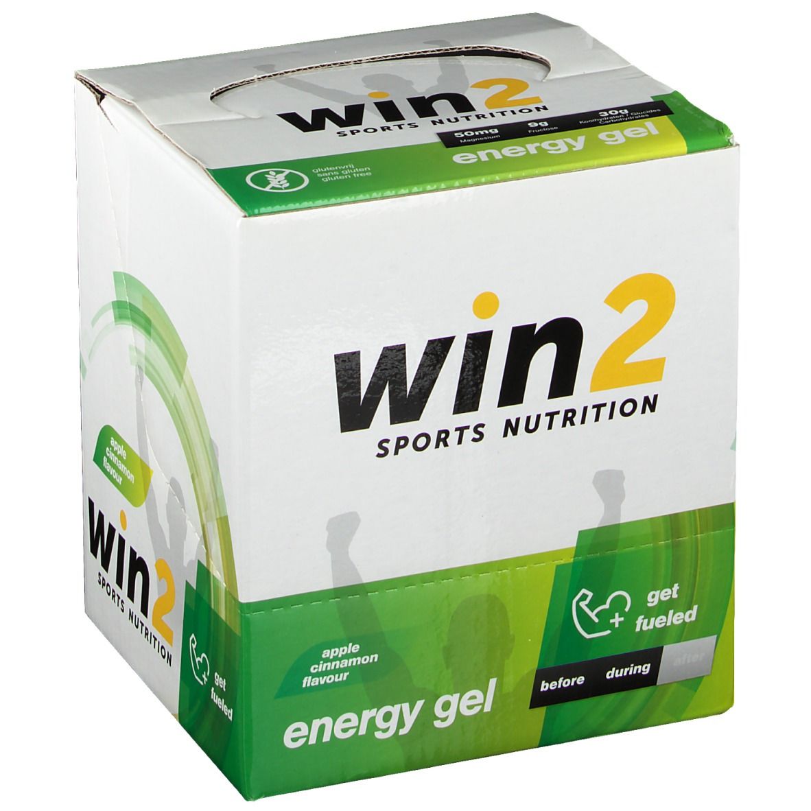 Boîte de Win2 Energy Gel. Design vert et blanc. Inscription "Win2 Sports Nutrition" et "Energy Gel". Saveur pomme-cannelle.