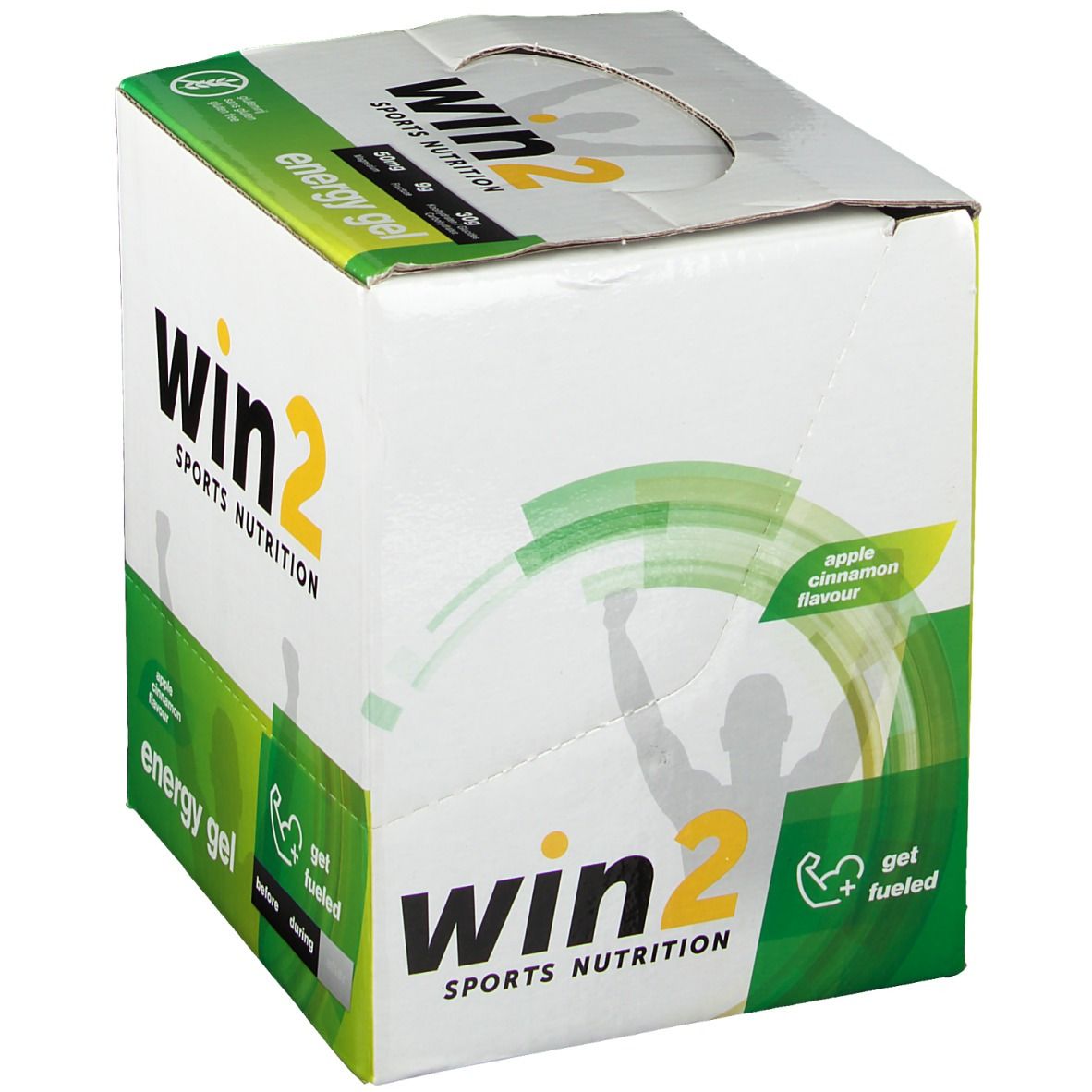 Boîte de Win2 Energy Gel. Design vert et blanc. Inscription "Win2 Sports Nutrition" et "Energy Gel". Saveur pomme-cannelle.