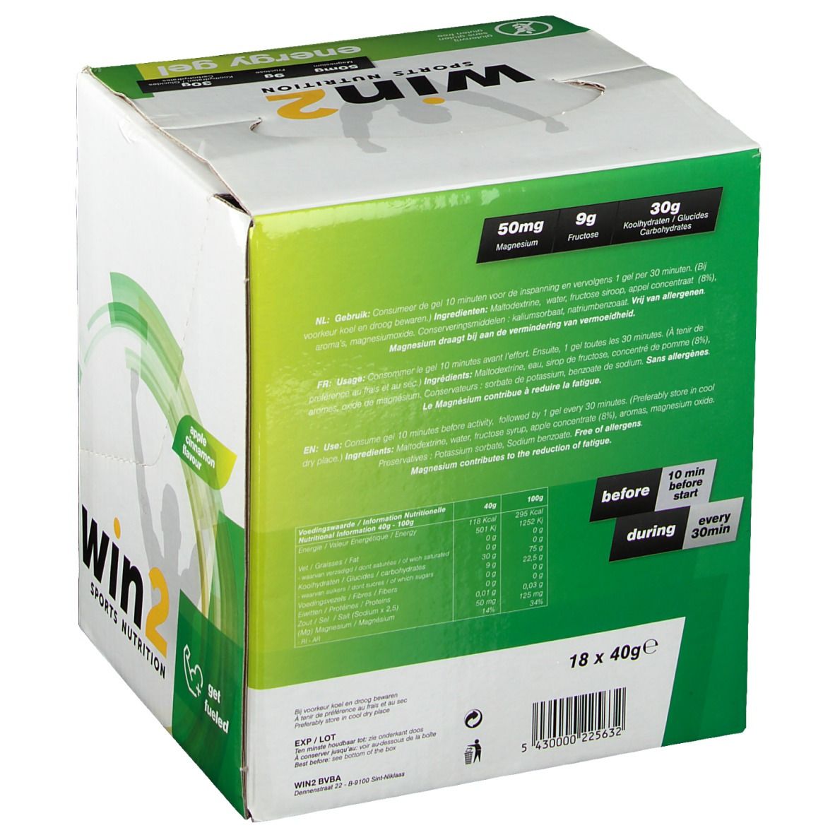 Boîte de Win2 Energy Gel. Design vert et blanc. Inscription "Win2 Sports Nutrition" et "Energy Gel". Contient 18 x 40g de gel.