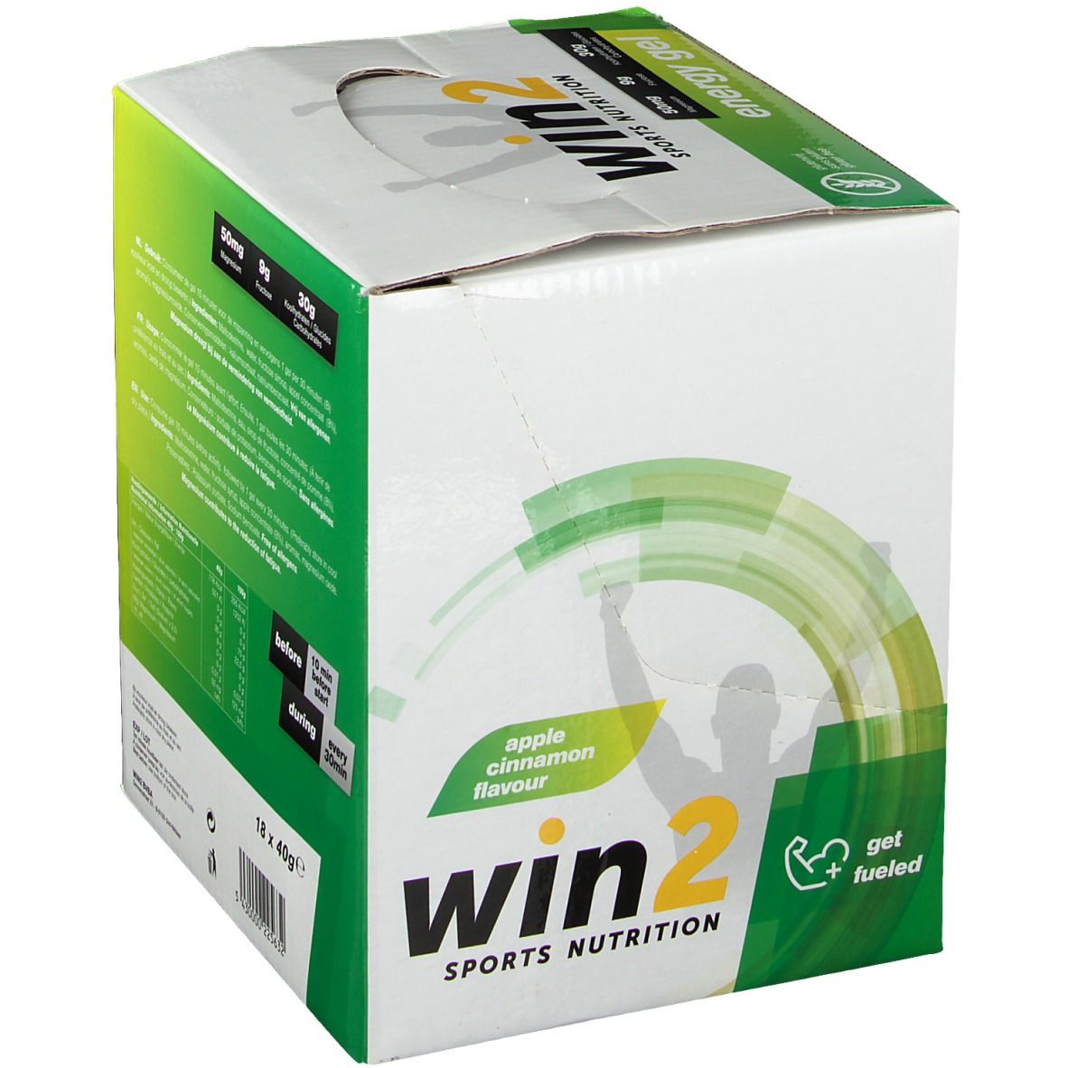 Boîte de Win2 Energy Gel. Design vert et blanc. Inscription "Win2 Sports Nutrition" et "Energy Gel". Saveur pomme-cannelle.