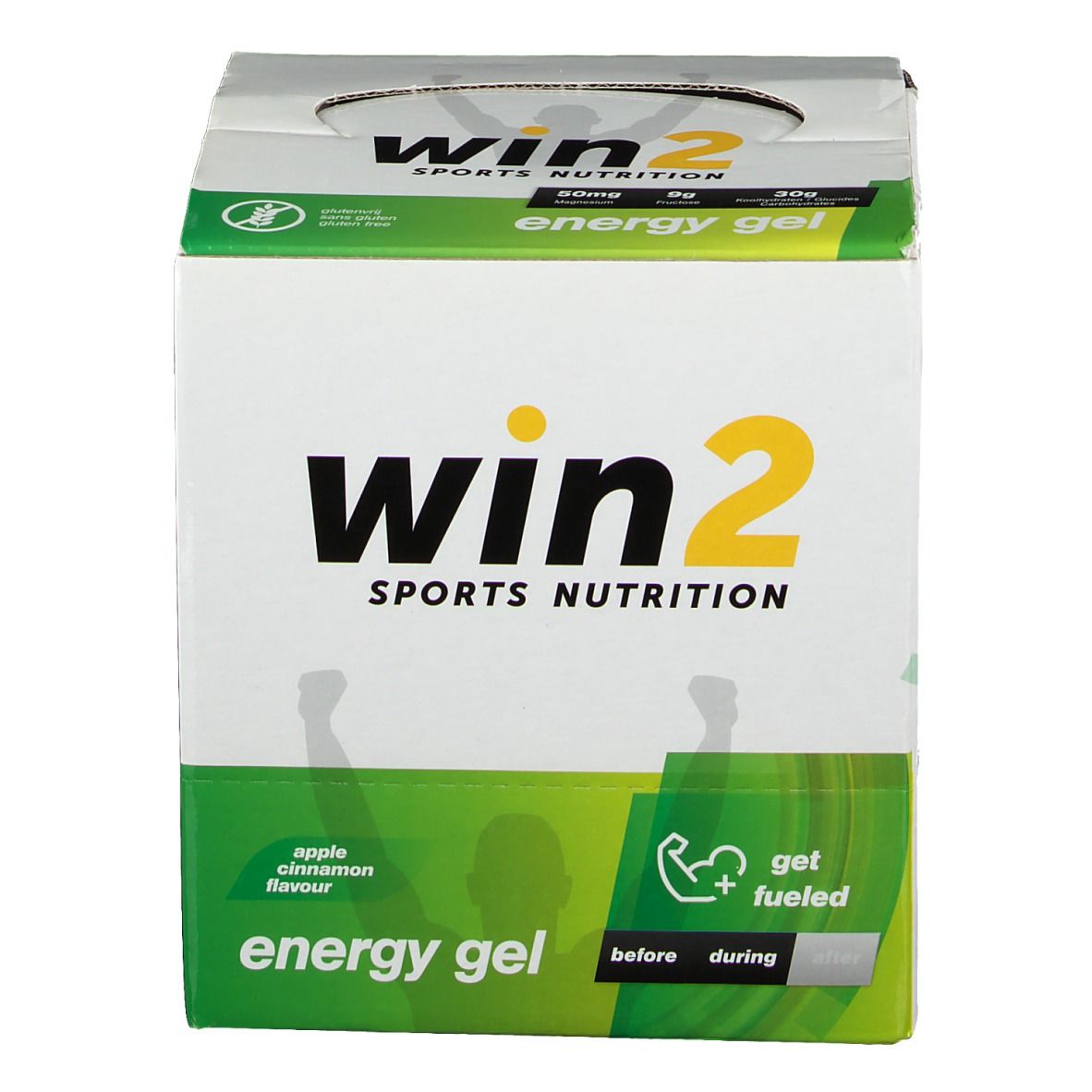 Boîte de Win2 Energy Gel. Design vert et blanc. Inscription "Win2 Sports Nutrition" et "Energy Gel". Saveur pomme-cannelle.