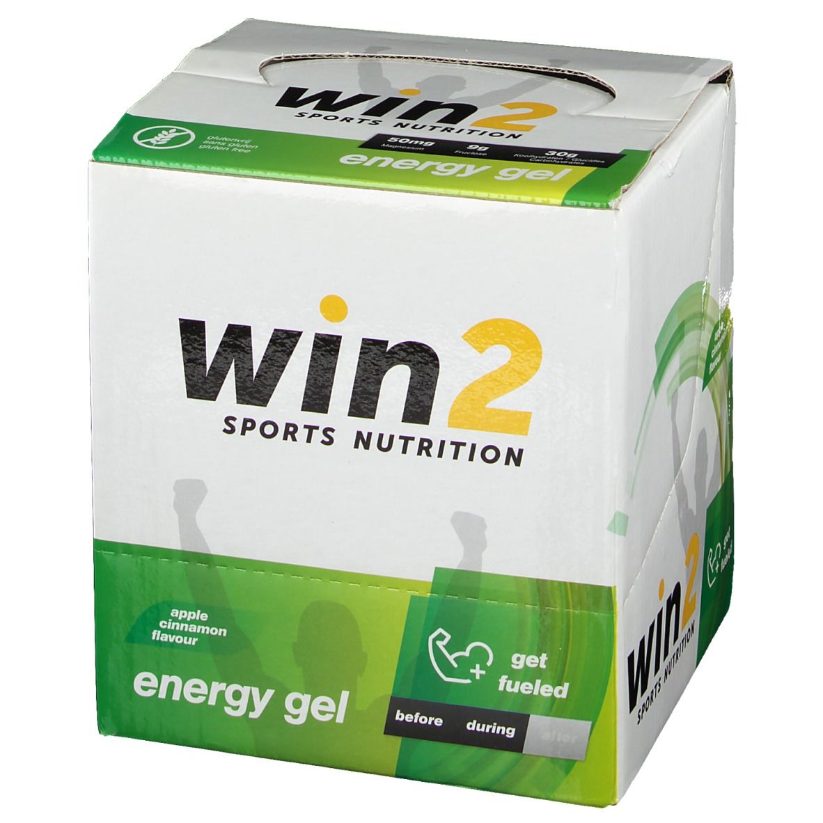 Boîte de Win2 Energy Gel. Design vert et blanc. Inscription "Win2 Sports Nutrition" et "Energy Gel". Saveur pomme-cannelle.