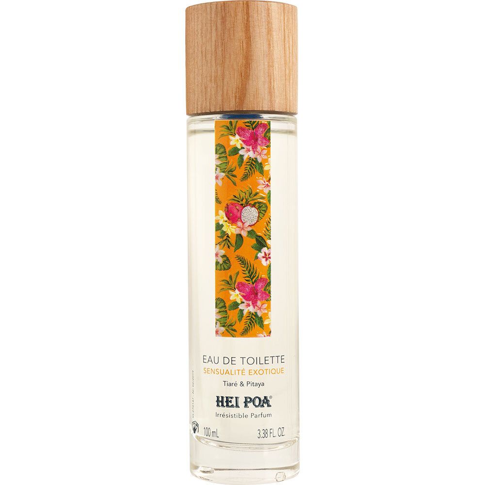 Cilindrische fles met houten dop. Etiket met bloemenpatroon. Opschrift: Eau de Toilette, HEI POA.