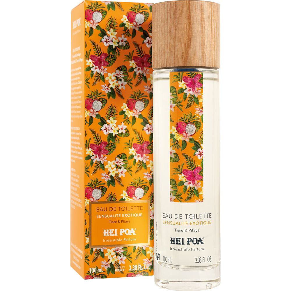 Productverpakking met fles. Gele doos met bloemenpatroon. Opschrift: Eau de Toilette, HEI POA.