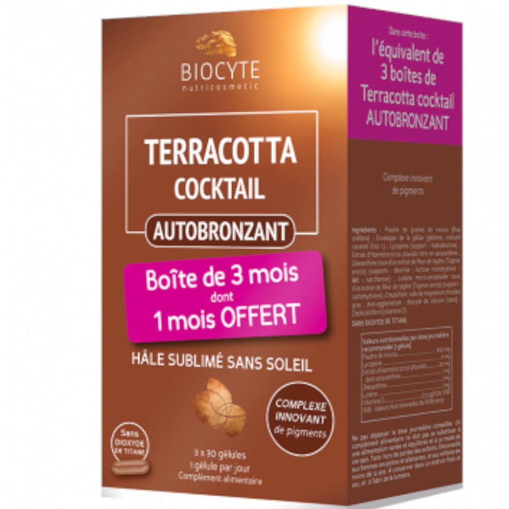 Braune Schachtel mit Produktnamen und Logo. Text: Terracotta Cocktail Autobronzant. Angebot: 1 Monat gratis.