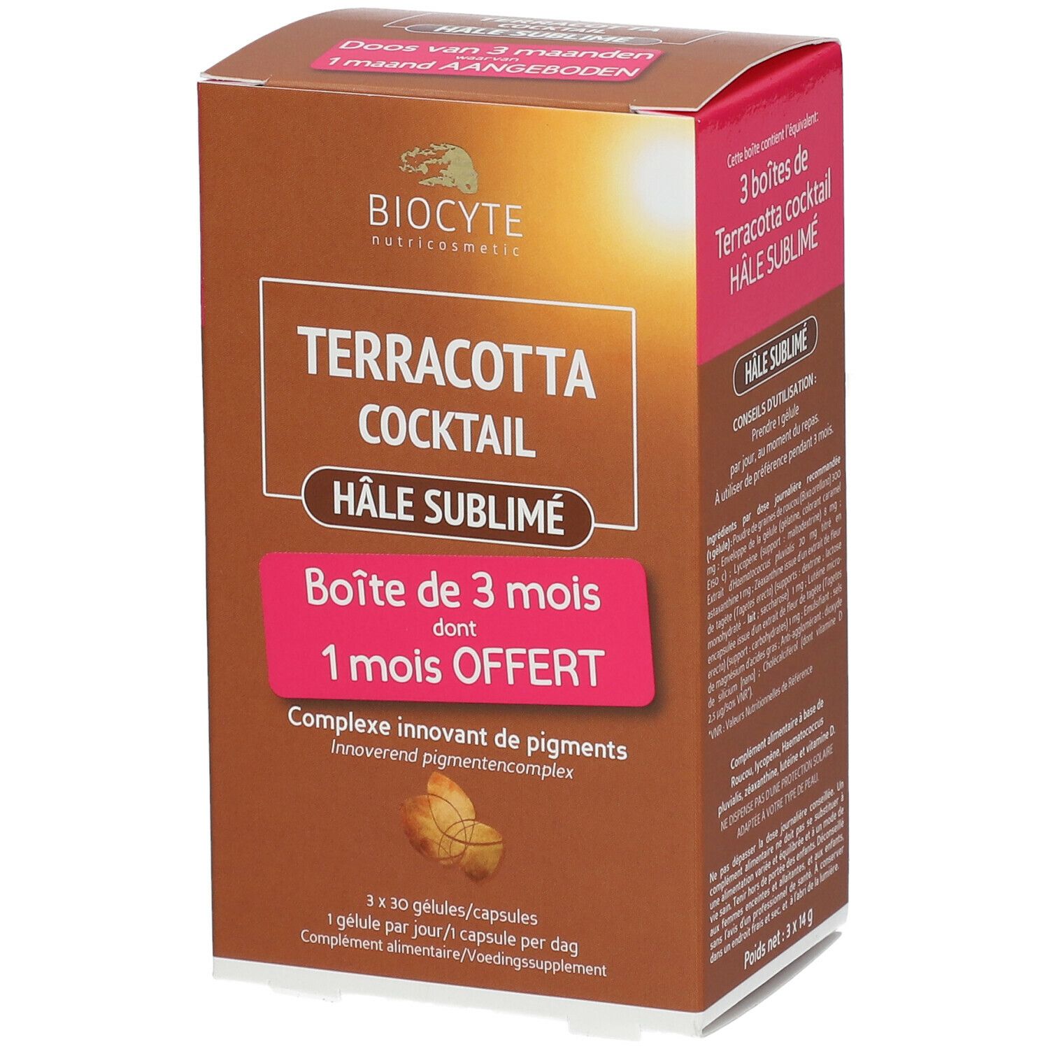 Braune Schachtel mit Produktnamen und Logo. Text: Terracotta Cocktail Hâle Sublimé. Angebot: 1 Monat gratis.