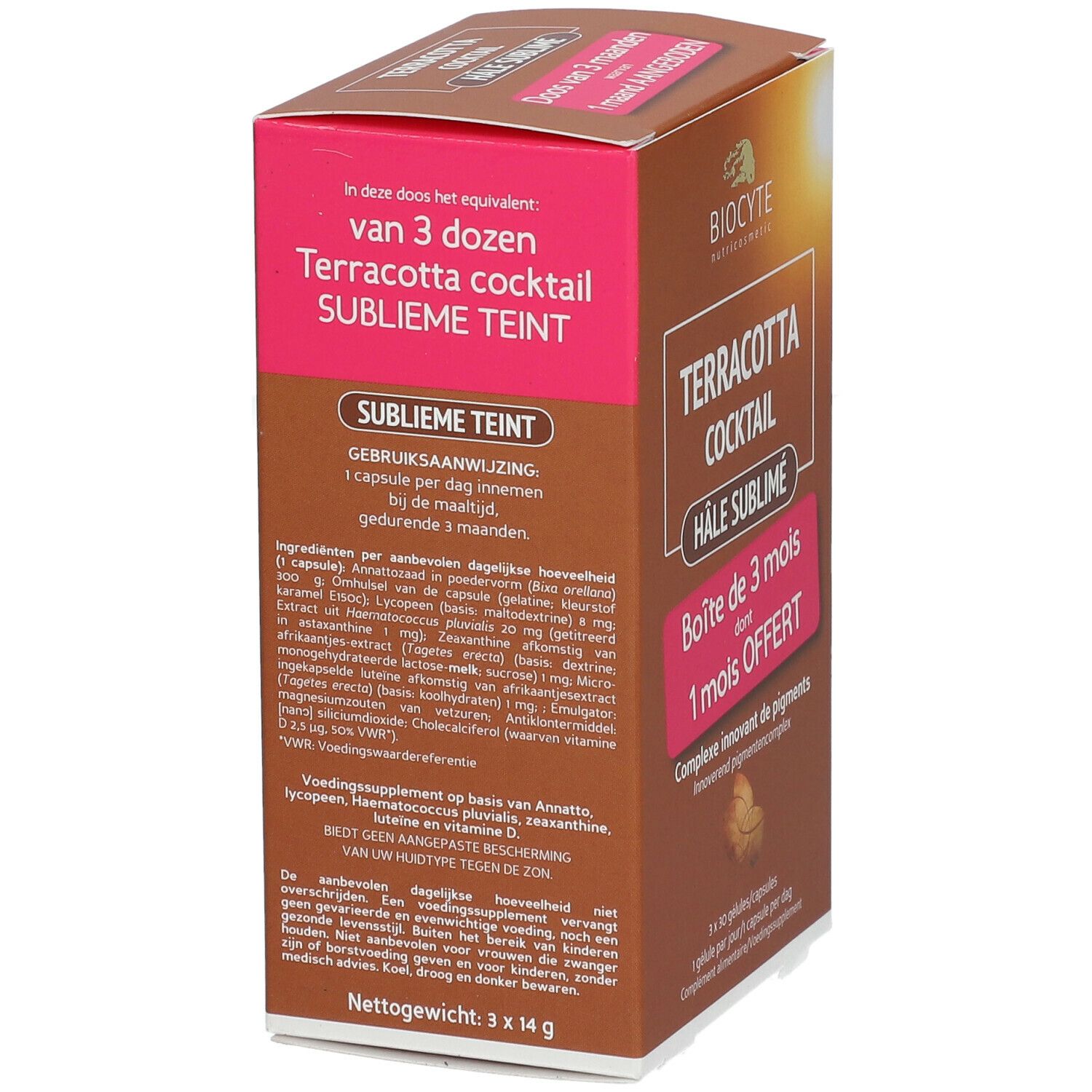 Braune Schachtel mit Produktnamen und Logo. Text: Terracotta Cocktail Sublieme Teint. Rückseite mit Inhaltsstoffen.