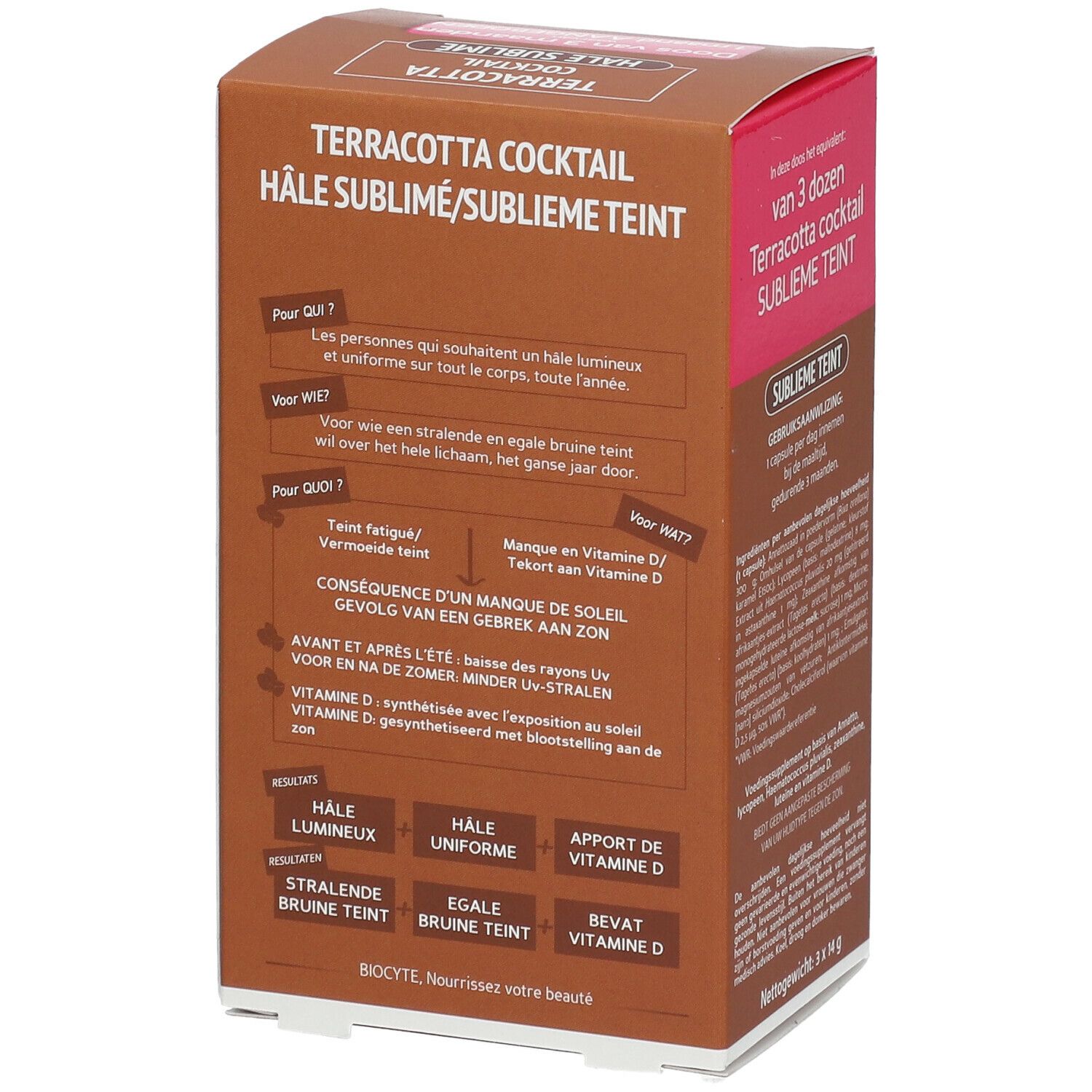Braune Schachtel mit Produktnamen und Logo. Text: Terracotta Cocktail Hâle Sublimé/Sublieme Teint. Rückseite mit Informationen.