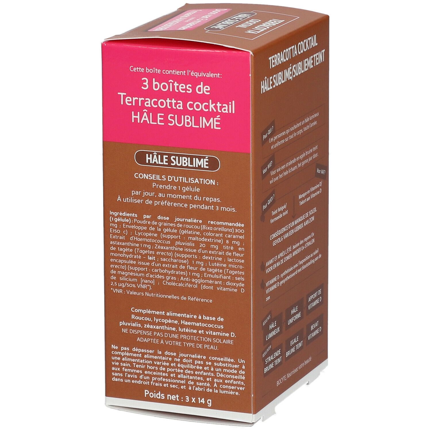 Braune Schachtel mit Produktnamen und Logo. Text: Terracotta Cocktail Hâle Sublimé. Rückseite mit Anweisungen und Inhaltsstoffen.