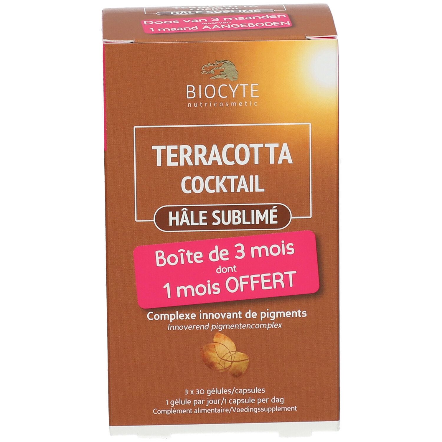 Braune Schachtel mit Produktnamen und Logo. Text: Terracotta Cocktail Hâle Sublimé. Angebot: 1 Monat gratis.