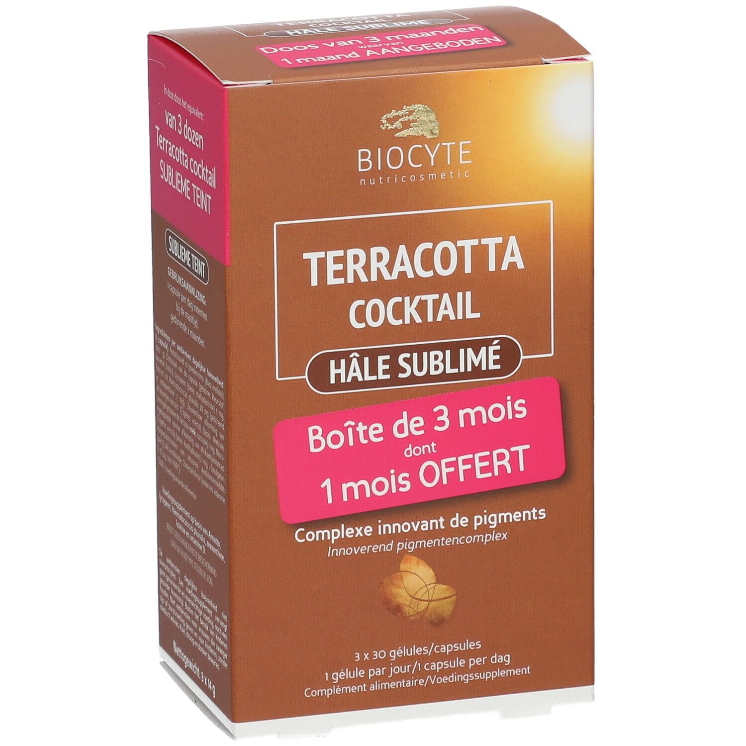 Braune Schachtel mit Produktnamen und Logo. Text: Terracotta Cocktail Hâle Sublimé. Angebot: 1 Monat gratis.