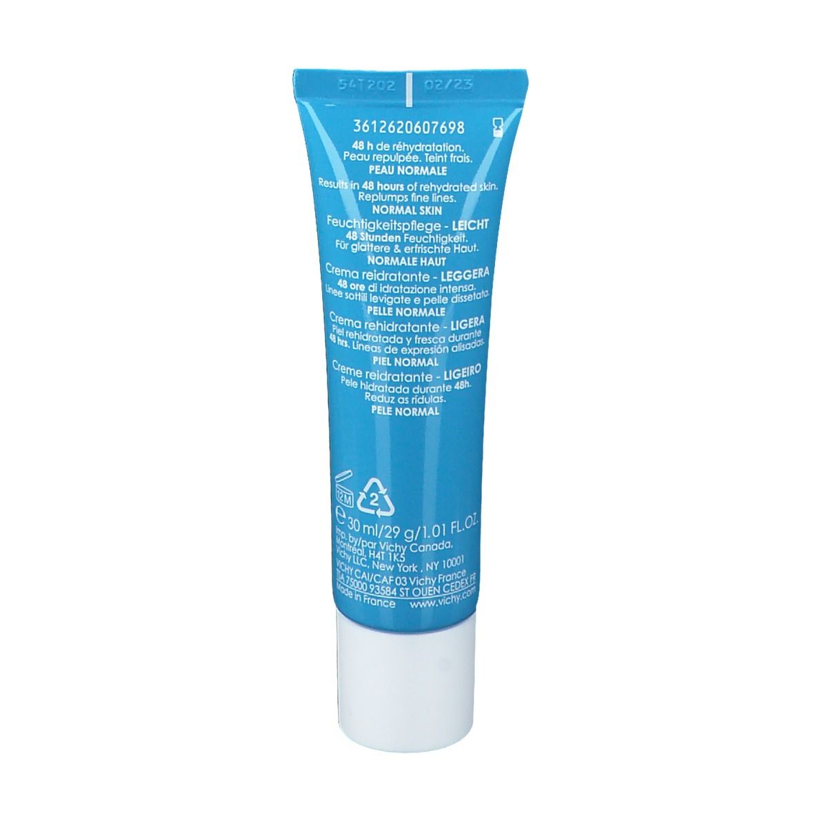 Dos du tube bleu. Texte en plusieurs langues. 30ml.