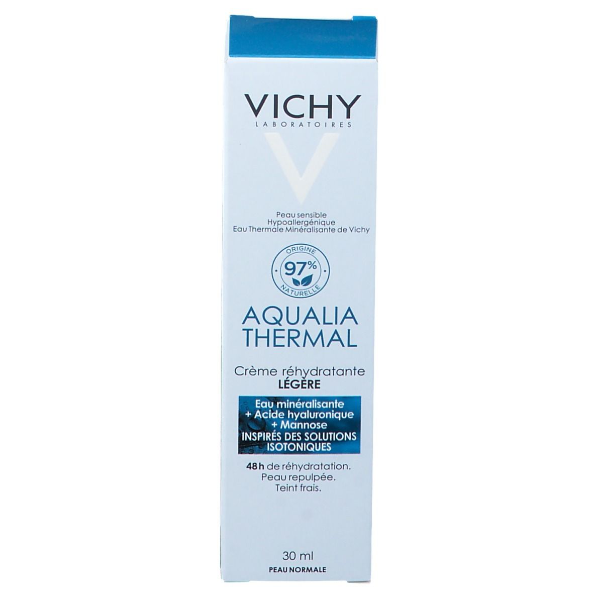 Emballage blanc avec logo Vichy et nom du produit Aqualia Thermal. 30ml.