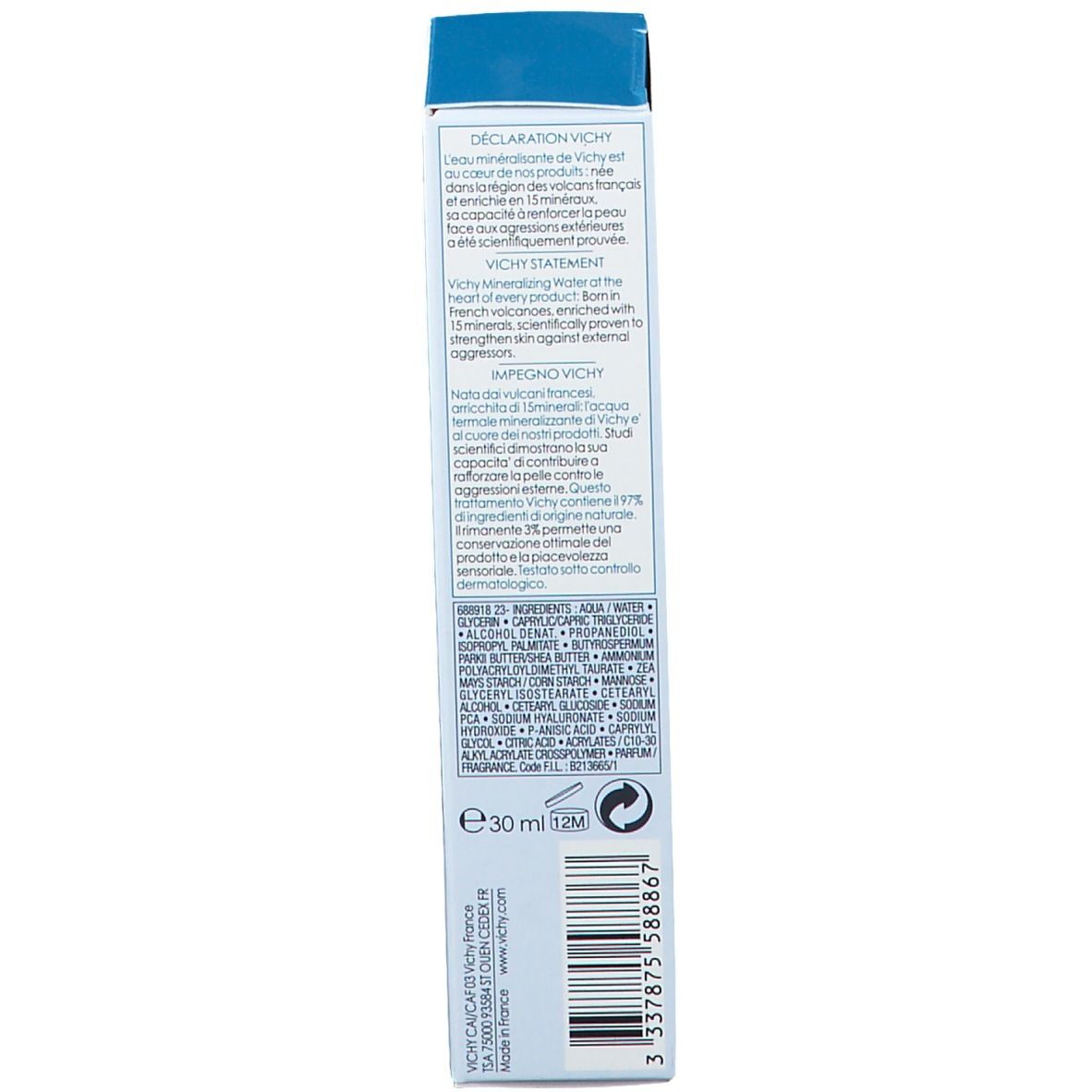 Dos de l'emballage. Texte en plusieurs langues. 30ml.