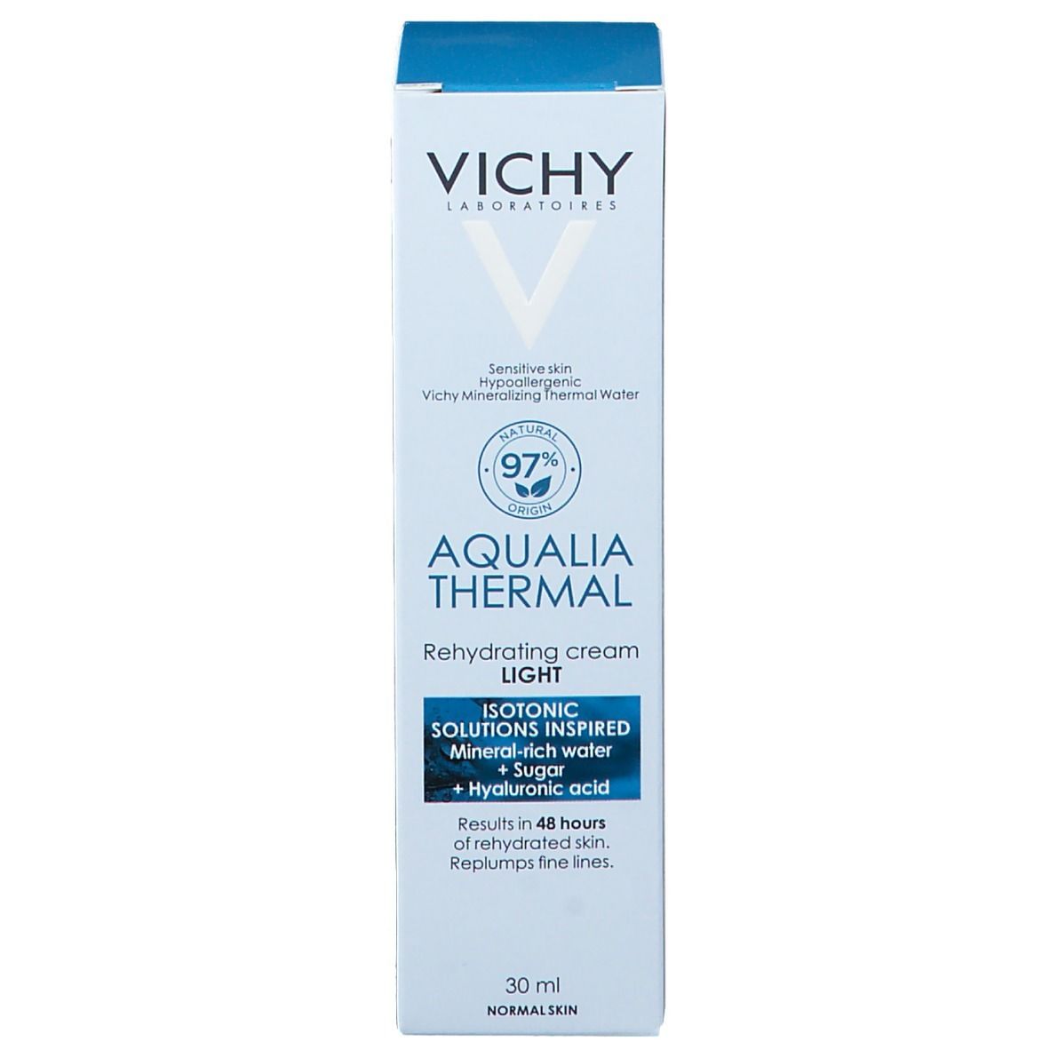Emballage avec logo Vichy et nom du produit Aqualia Thermal. 30ml.
