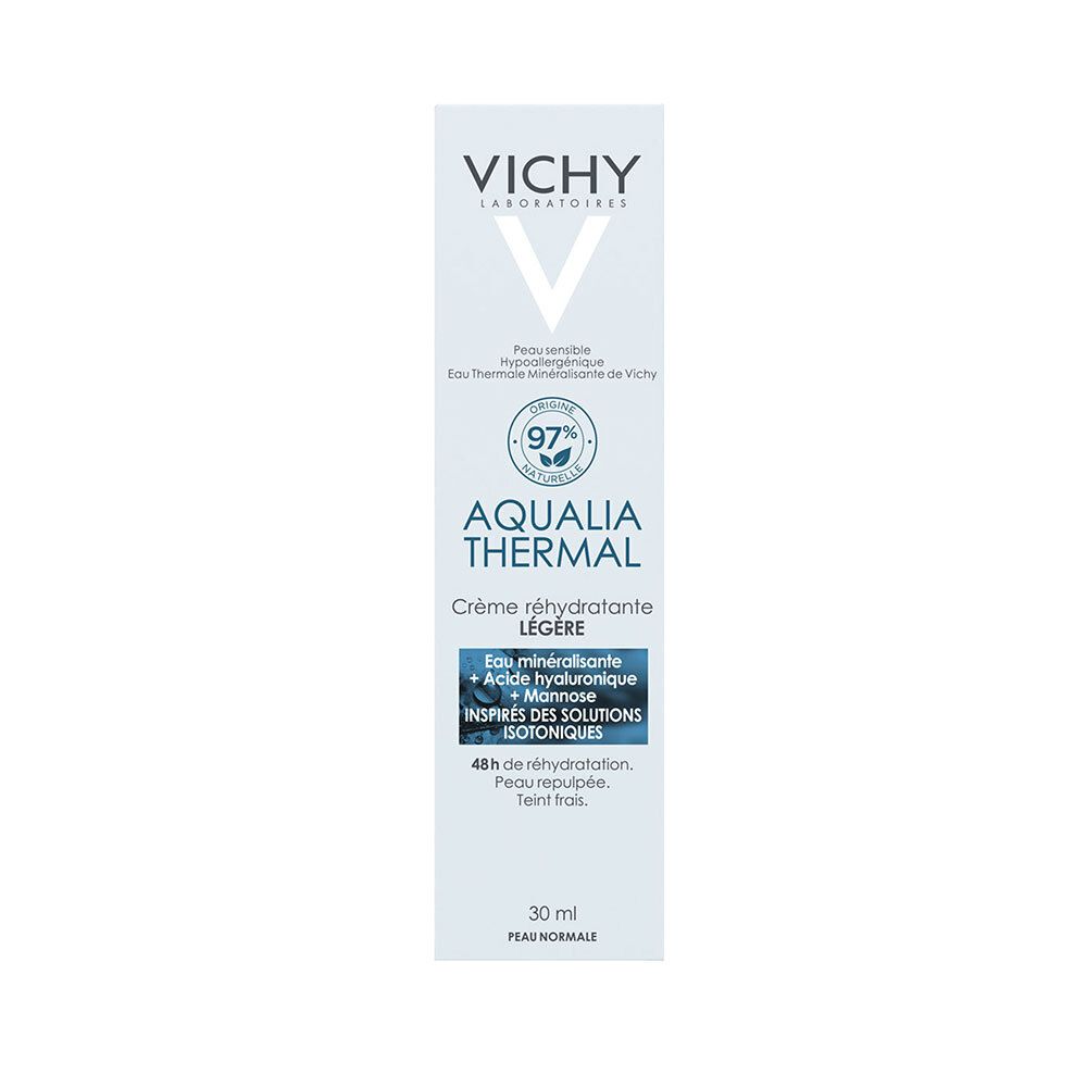 Emballage blanc avec logo Vichy et nom du produit Aqualia Thermal. 30ml, peau normale.