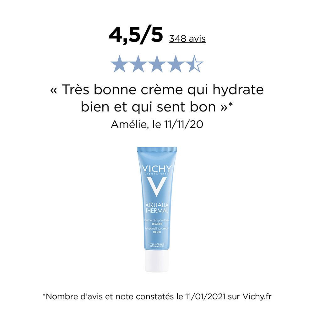 Évaluation: 4,5/5 étoiles. Tube bleu Vichy Aqualia Thermal. Texte et évaluation.