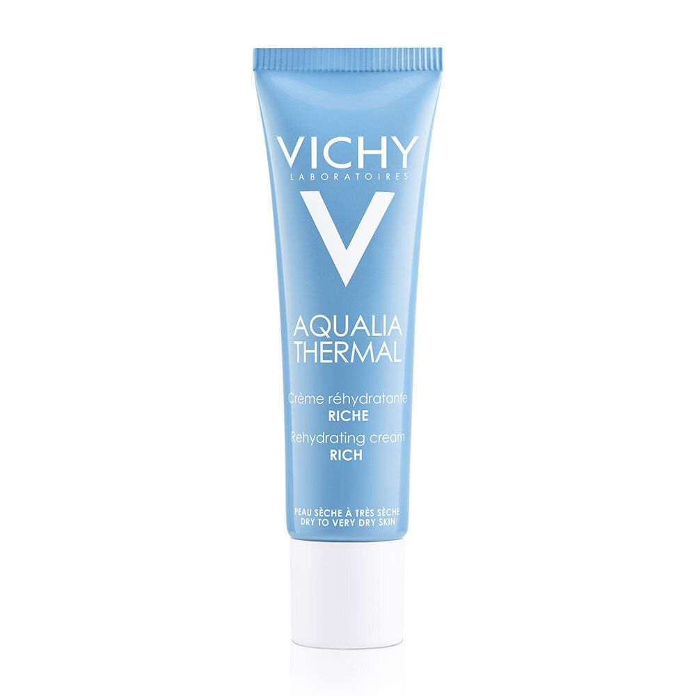 Lichtblauwe tube met witte dop. Vichy-logo en productnaam Aqualia Thermal.