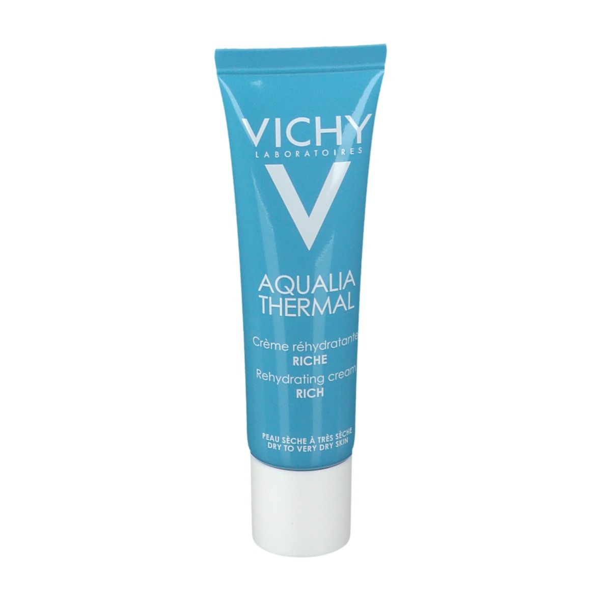 Lichtblauwe tube met witte dop. Vichy-logo en productnaam Aqualia Thermal.