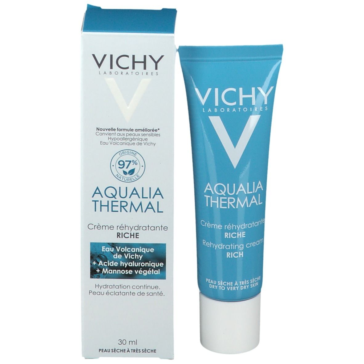 Kartonnen verpakking. Vichy-logo, Aqualia Thermal, crème. 97% natuurlijke ingrediënten. 30 ml.