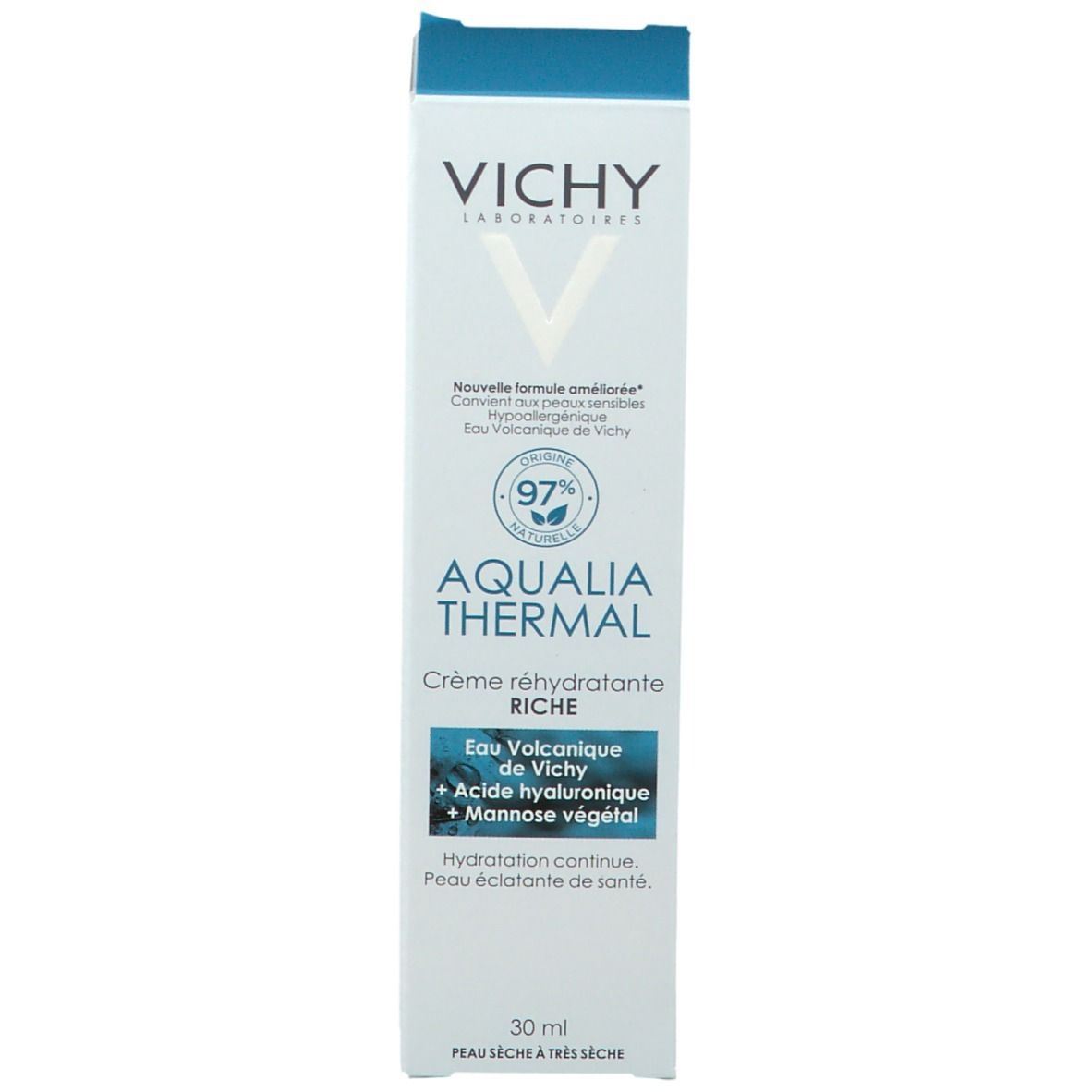 Kartonnen verpakking. Vichy-logo, Aqualia Thermal, crème. 97% natuurlijke ingrediënten. 30 ml.