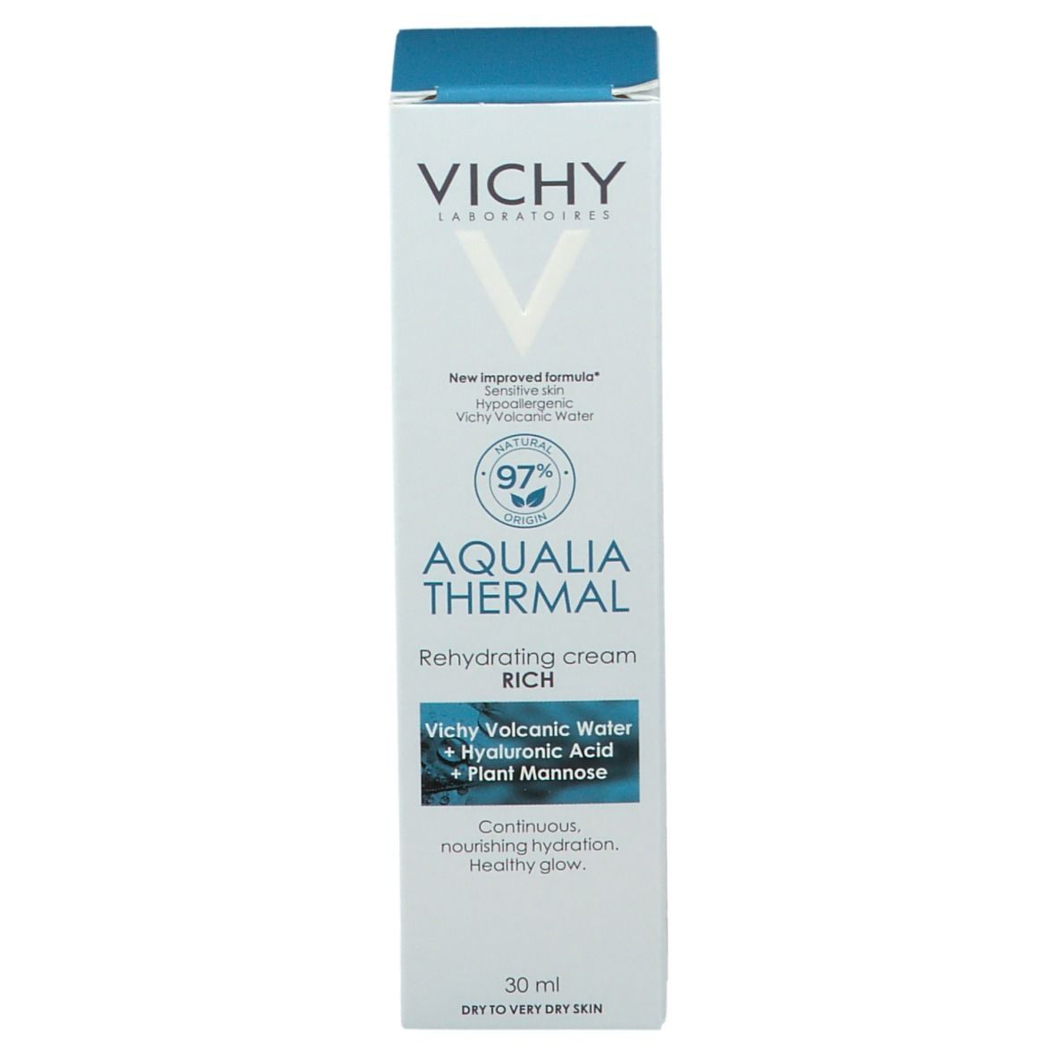 Kartonnen verpakking. Vichy-logo, Aqualia Thermal, crème. 97% natuurlijke ingrediënten. 30 ml.