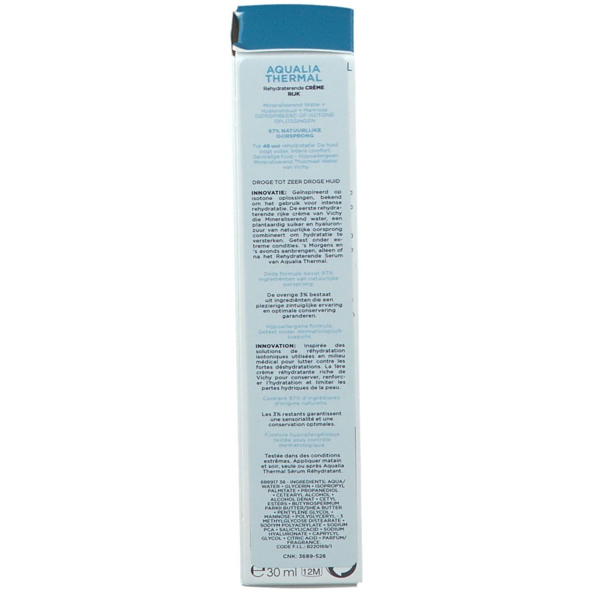 Kartonnen verpakking. Vichy-logo, Aqualia Thermal, crème. 97% natuurlijke ingrediënten. 30 ml.