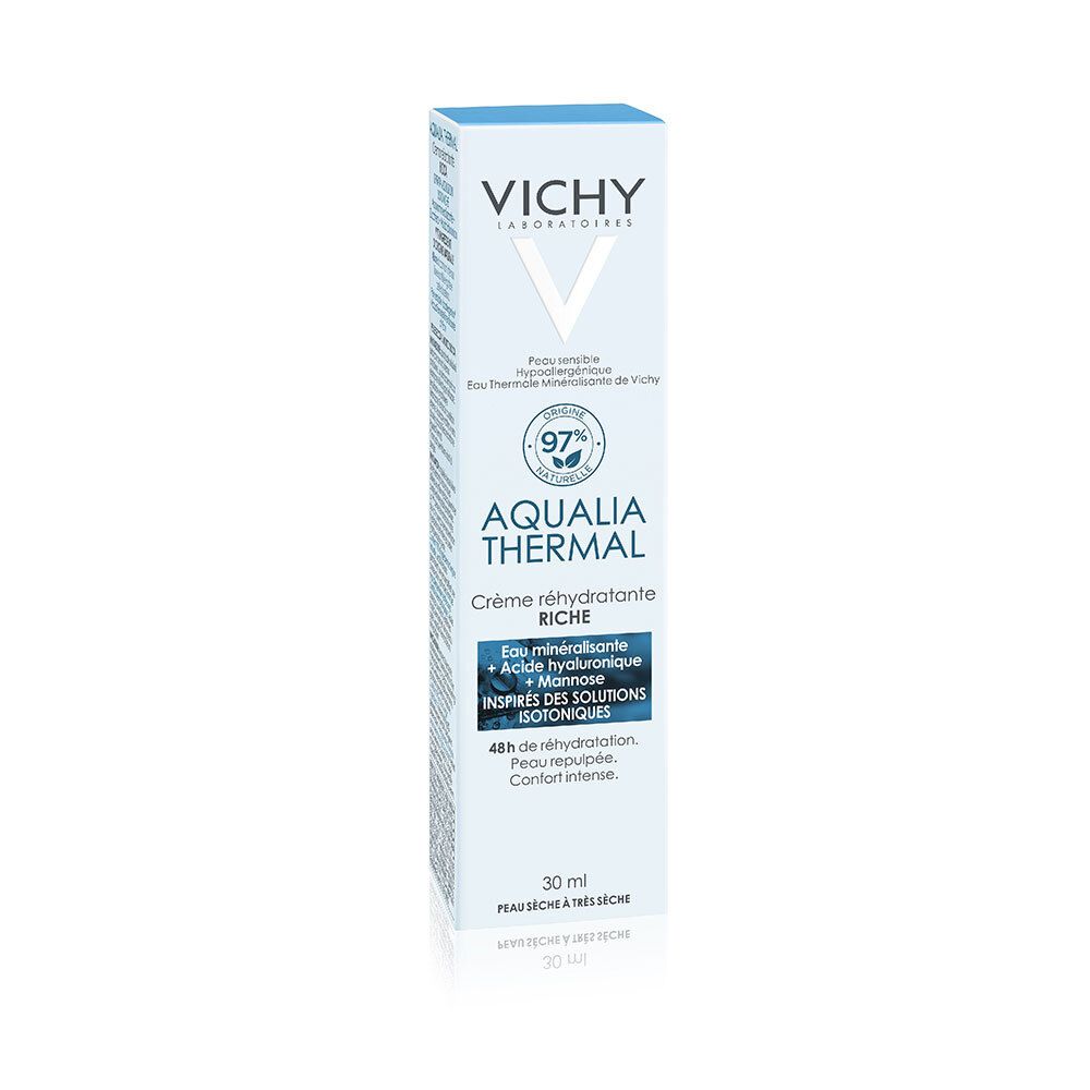 Kartonnen verpakking. Vichy-logo, Aqualia Thermal, crème. 97% natuurlijke ingrediënten. 30 ml.