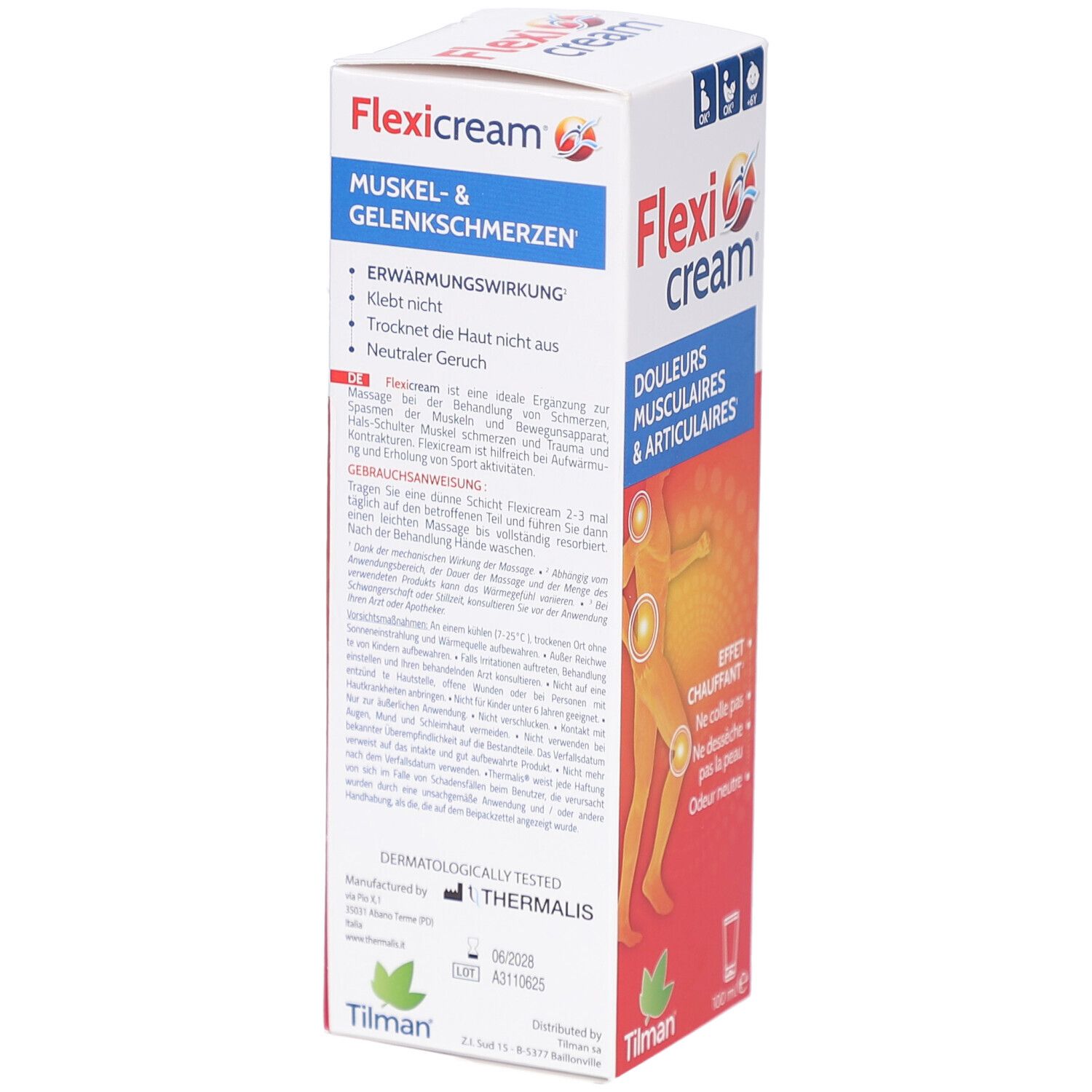Flexi cream Verpackung. Aufschrift: Flexi cream, Muskel- & Gelenkschmerzen. Text und Illustrationen auf der Verpackung.