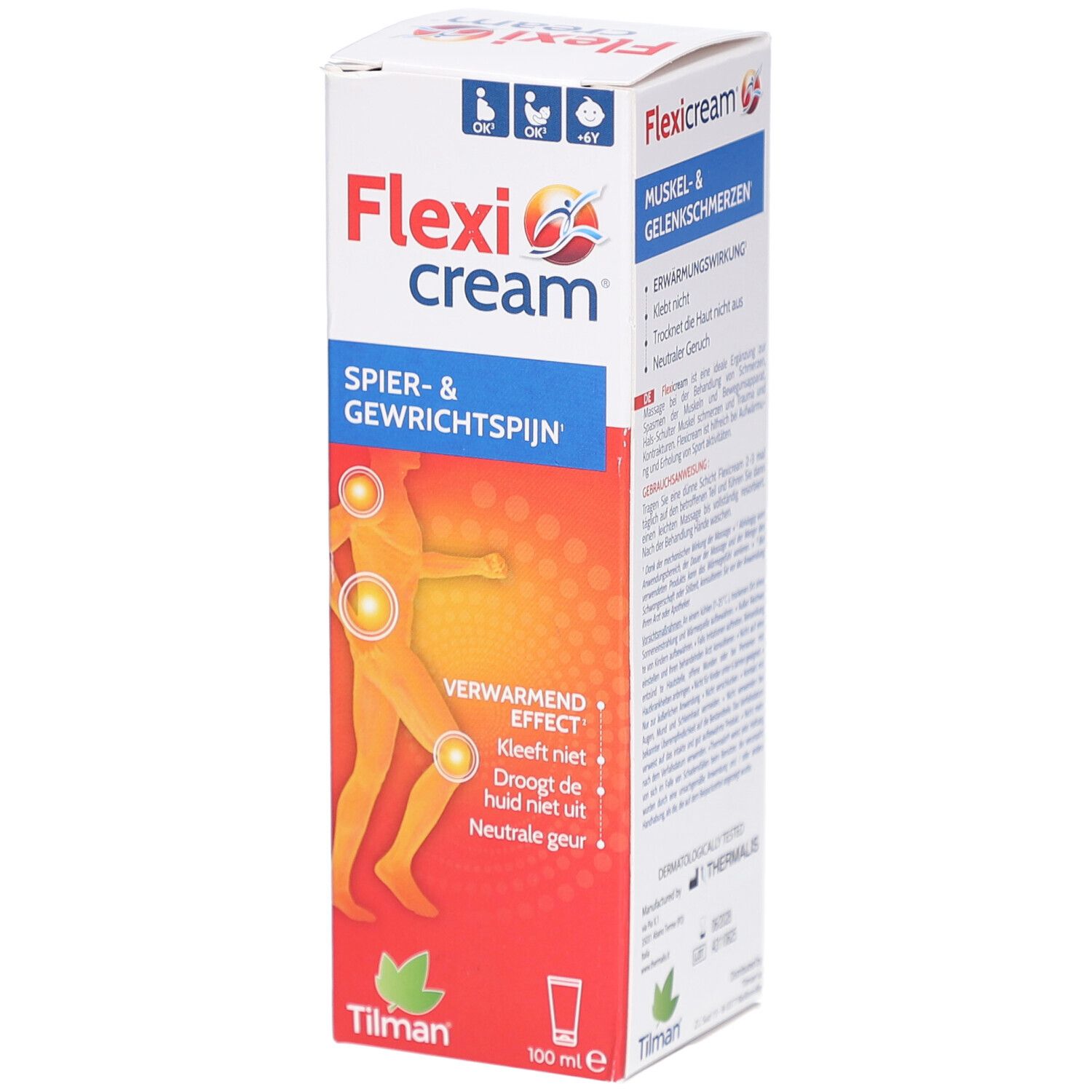 Flexi cream Verpackung. Aufschrift: Flexi cream, Muskel- & Gelenkschmerzen. Text und Illustrationen auf der Verpackung.